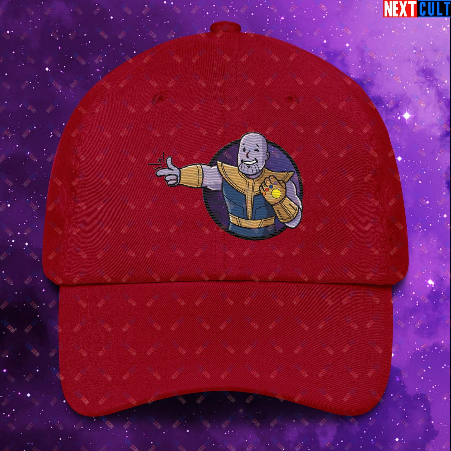 Snap Boy Thanos Vault Boy Fallout Funny Meme Cartoon Mashup Dad hat Cranberry Hats Fallout Movies Superheroes Thanos Vault Boy Next Cult Brand