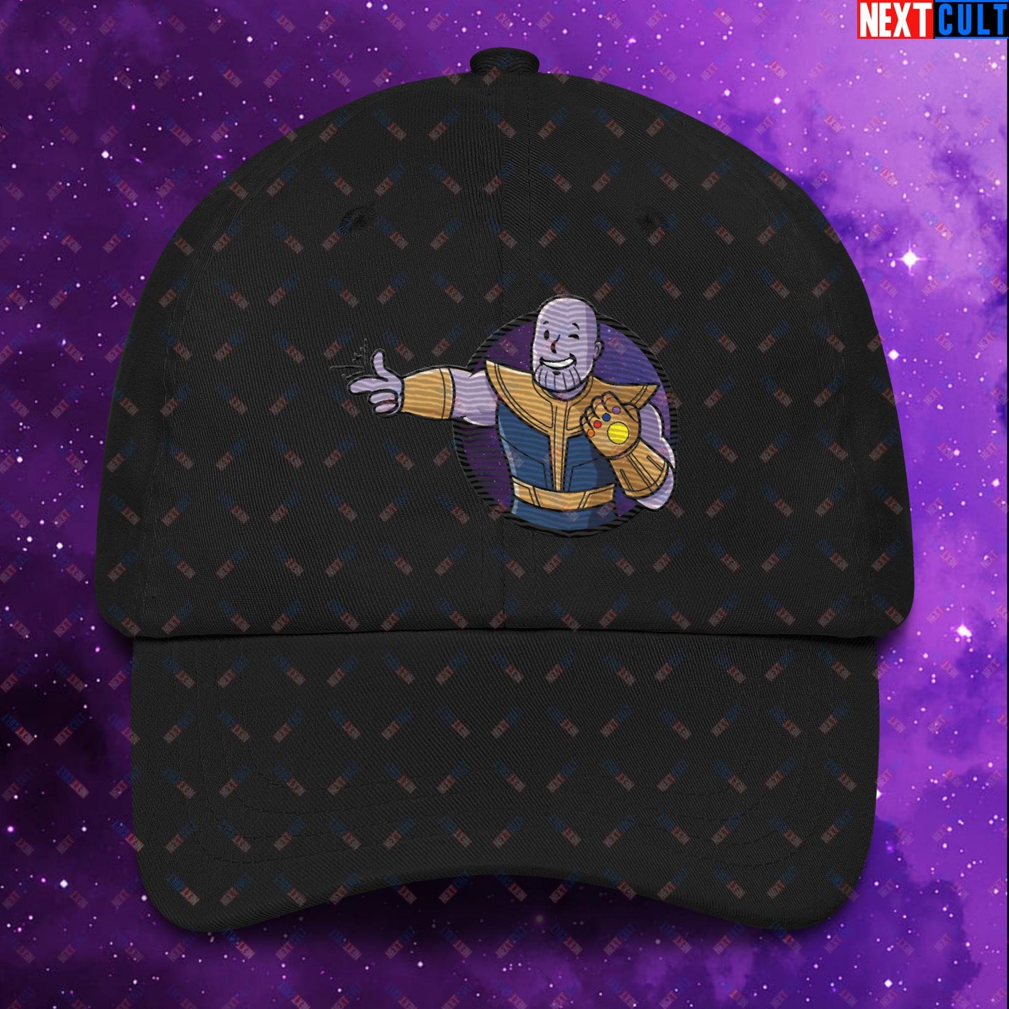 Snap Boy Thanos Vault Boy Fallout Funny Meme Cartoon Mashup Dad hat Black Hats Fallout Movies Superheroes Thanos Vault Boy Next Cult Brand