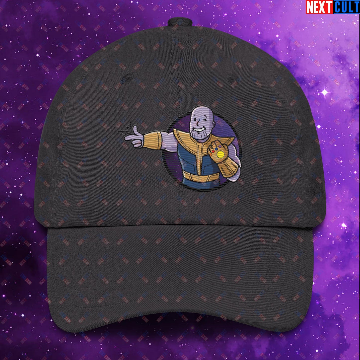 Snap Boy Thanos Vault Boy Fallout Funny Meme Cartoon Mashup Dad hat Dark Grey Hats Fallout Movies Superheroes Thanos Vault Boy Next Cult Brand