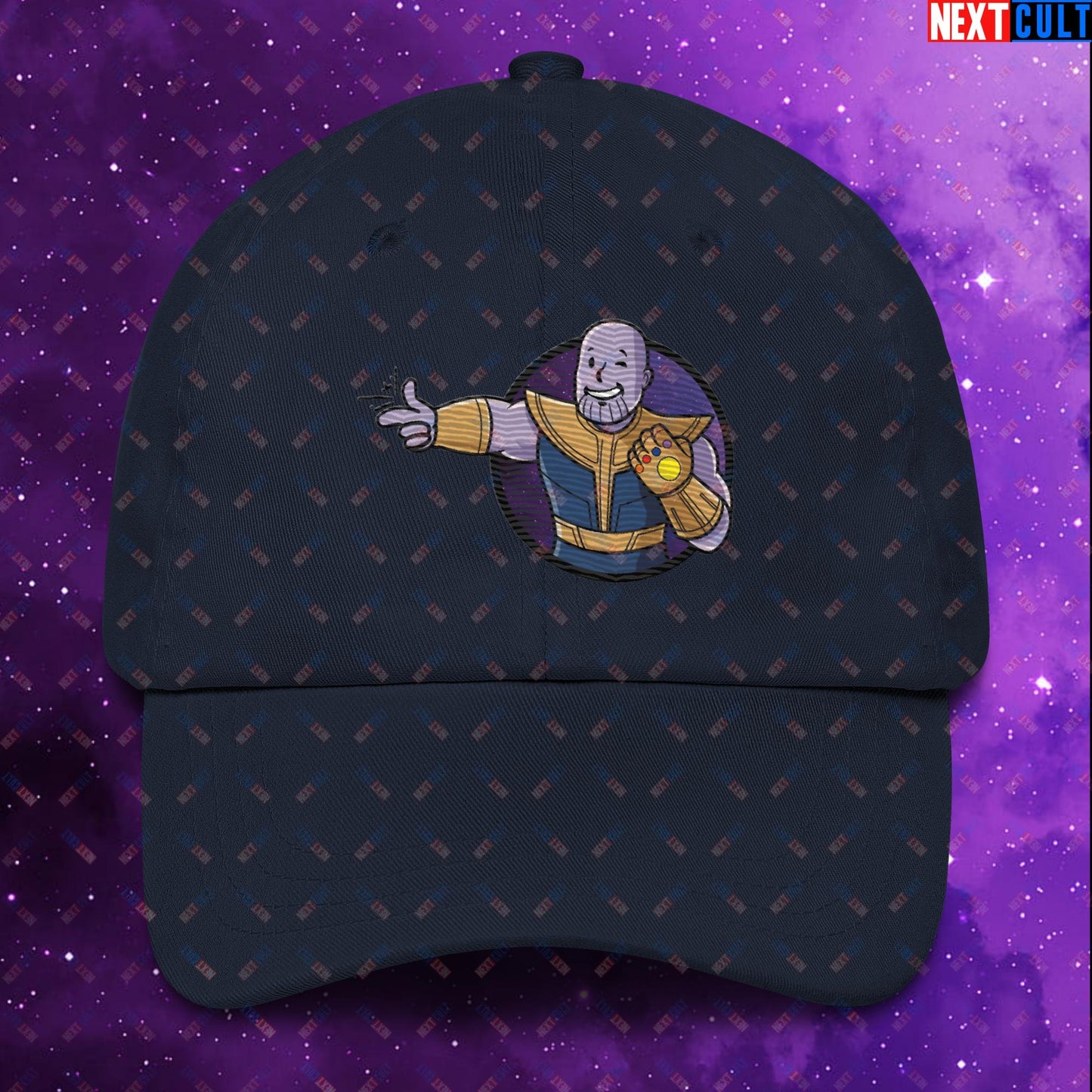 Snap Boy Thanos Vault Boy Fallout Funny Meme Cartoon Mashup Dad hat Navy Hats Fallout Movies Superheroes Thanos Vault Boy Next Cult Brand