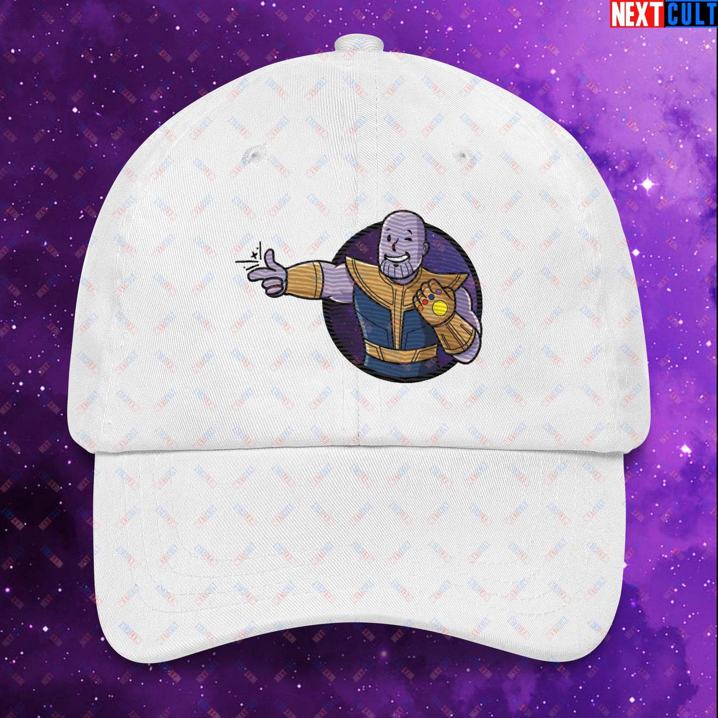 Snap Boy Thanos Vault Boy Fallout Funny Meme Cartoon Mashup Dad hat White Hats Fallout Movies Superheroes Thanos Vault Boy Next Cult Brand