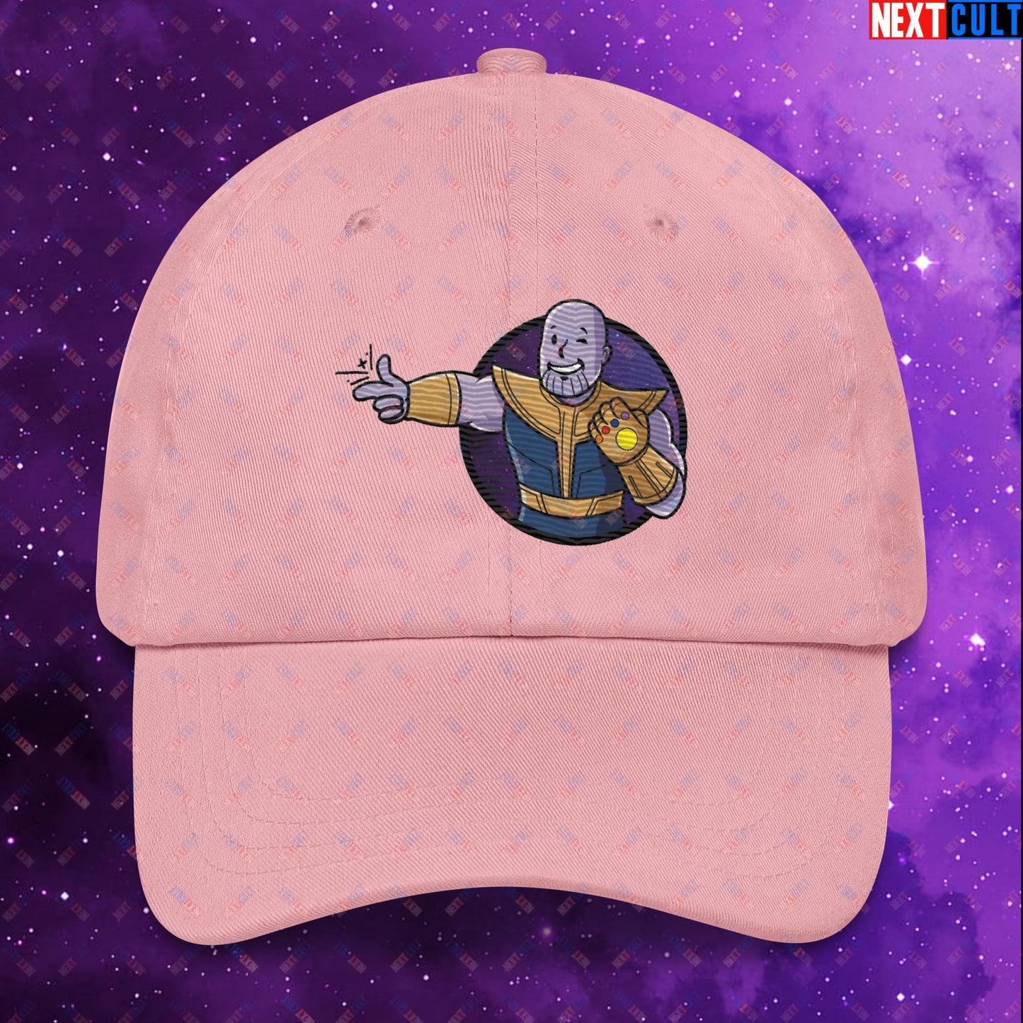 Snap Boy Thanos Vault Boy Fallout Funny Meme Cartoon Mashup Dad hat Pink Hats Fallout Movies Superheroes Thanos Vault Boy Next Cult Brand