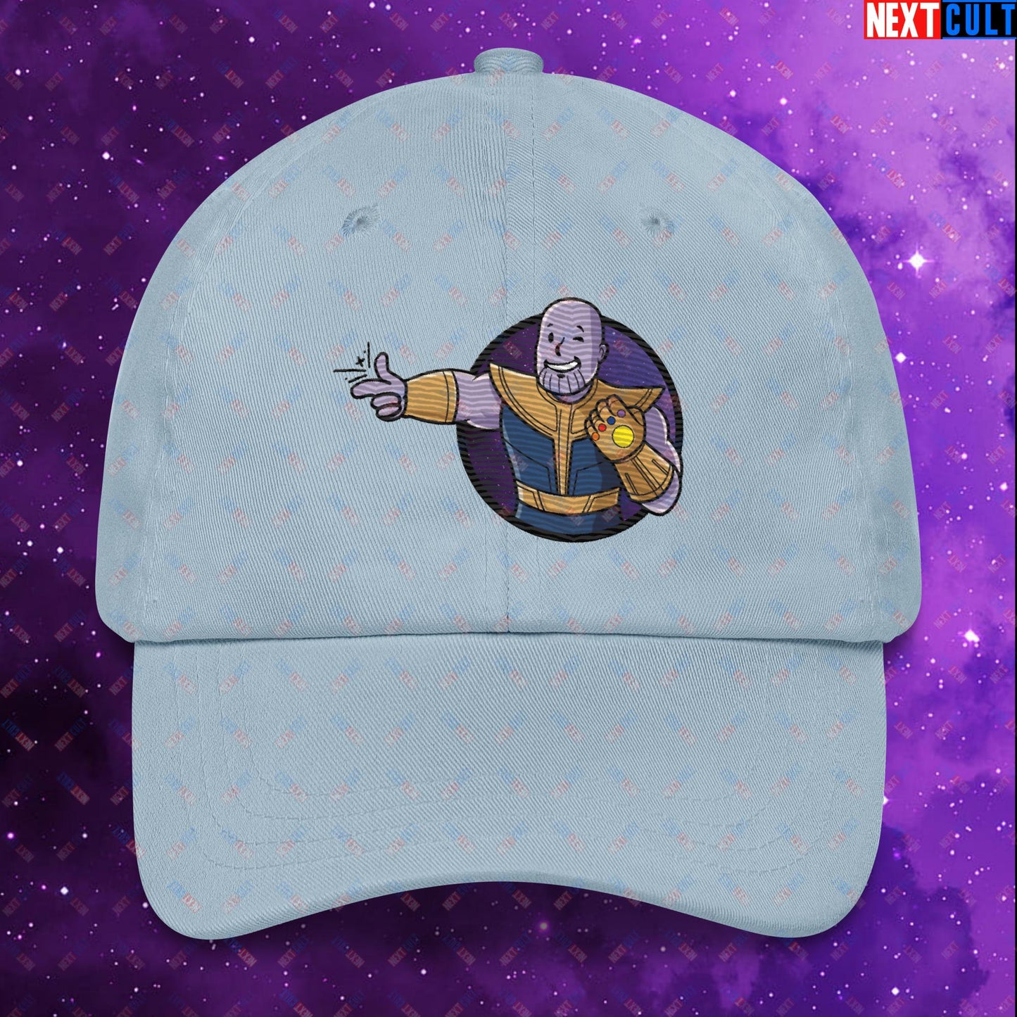 Snap Boy Thanos Vault Boy Fallout Funny Meme Cartoon Mashup Dad hat Light Blue Hats Fallout Movies Superheroes Thanos Vault Boy Next Cult Brand