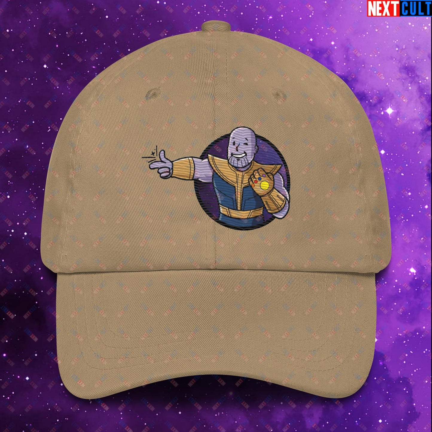 Snap Boy Thanos Vault Boy Fallout Funny Meme Cartoon Mashup Dad hat Khaki Hats Fallout Movies Superheroes Thanos Vault Boy Next Cult Brand