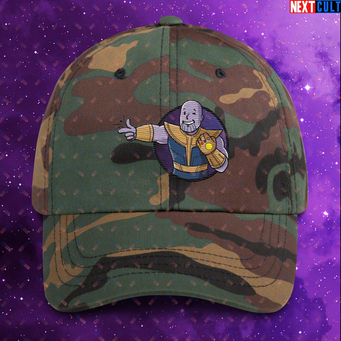 Snap Boy Thanos Vault Boy Fallout Funny Meme Cartoon Mashup Dad hat Green Camo Hats Fallout Movies Superheroes Thanos Vault Boy Next Cult Brand