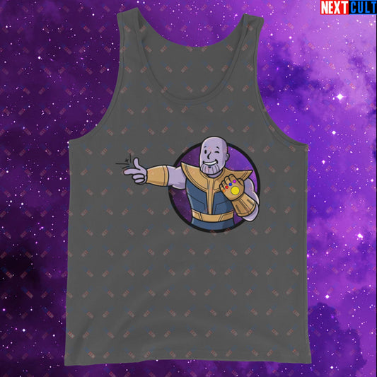 Snap Boy Thanos Vault Boy Fallout Funny Meme Cartoon Mashup Tank Top Asphalt Tank Tops Fallout Movies Superheroes Thanos Vault Boy Next Cult Brand