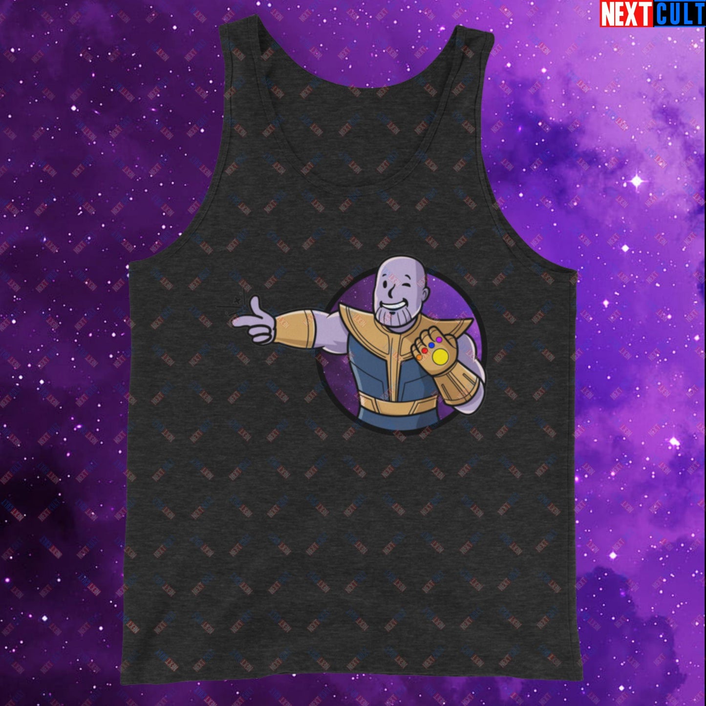 Snap Boy Thanos Vault Boy Fallout Funny Meme Cartoon Mashup Tank Top Charcoal-Black Triblend Tank Tops Fallout Movies Superheroes Thanos Vault Boy Next Cult Brand