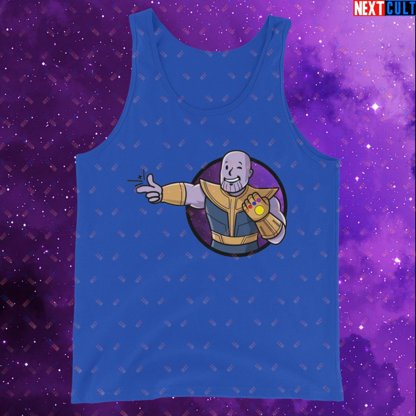 Snap Boy Thanos Vault Boy Fallout Funny Meme Cartoon Mashup Tank Top True Royal Tank Tops Fallout Movies Superheroes Thanos Vault Boy Next Cult Brand