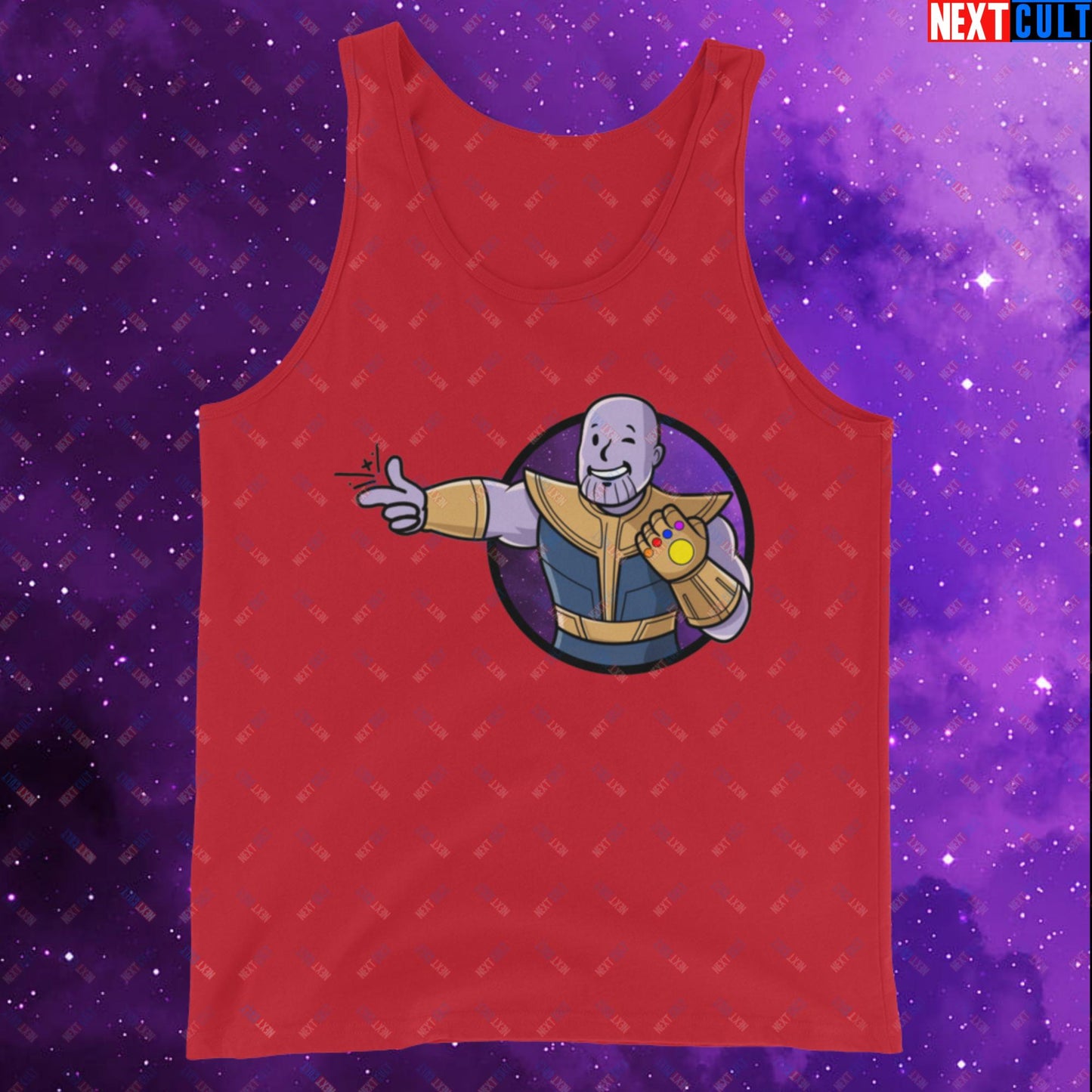 Snap Boy Thanos Vault Boy Fallout Funny Meme Cartoon Mashup Tank Top Red Tank Tops Fallout Movies Superheroes Thanos Vault Boy Next Cult Brand