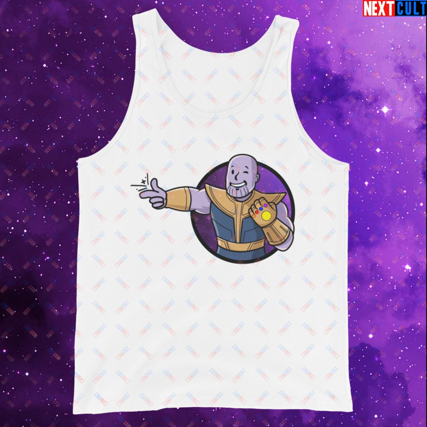 Snap Boy Thanos Vault Boy Fallout Funny Meme Cartoon Mashup Tank Top White Tank Tops Fallout Movies Superheroes Thanos Vault Boy Next Cult Brand