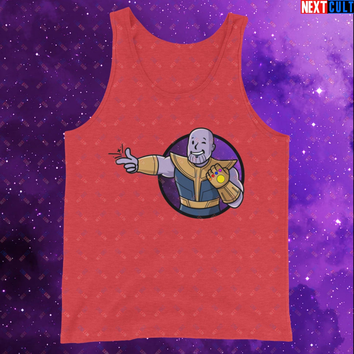 Snap Boy Thanos Vault Boy Fallout Funny Meme Cartoon Mashup Tank Top Red Triblend Tank Tops Fallout Movies Superheroes Thanos Vault Boy Next Cult Brand