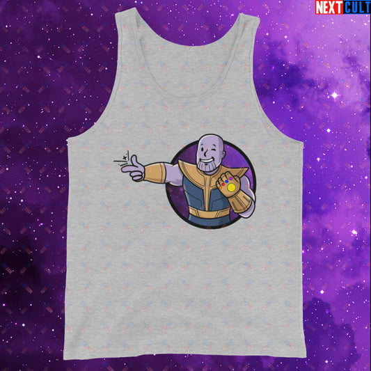 Snap Boy Thanos Vault Boy Fallout Funny Meme Cartoon Mashup Tank Top Athletic Heather Tank Tops Fallout Movies Superheroes Thanos Vault Boy Next Cult Brand