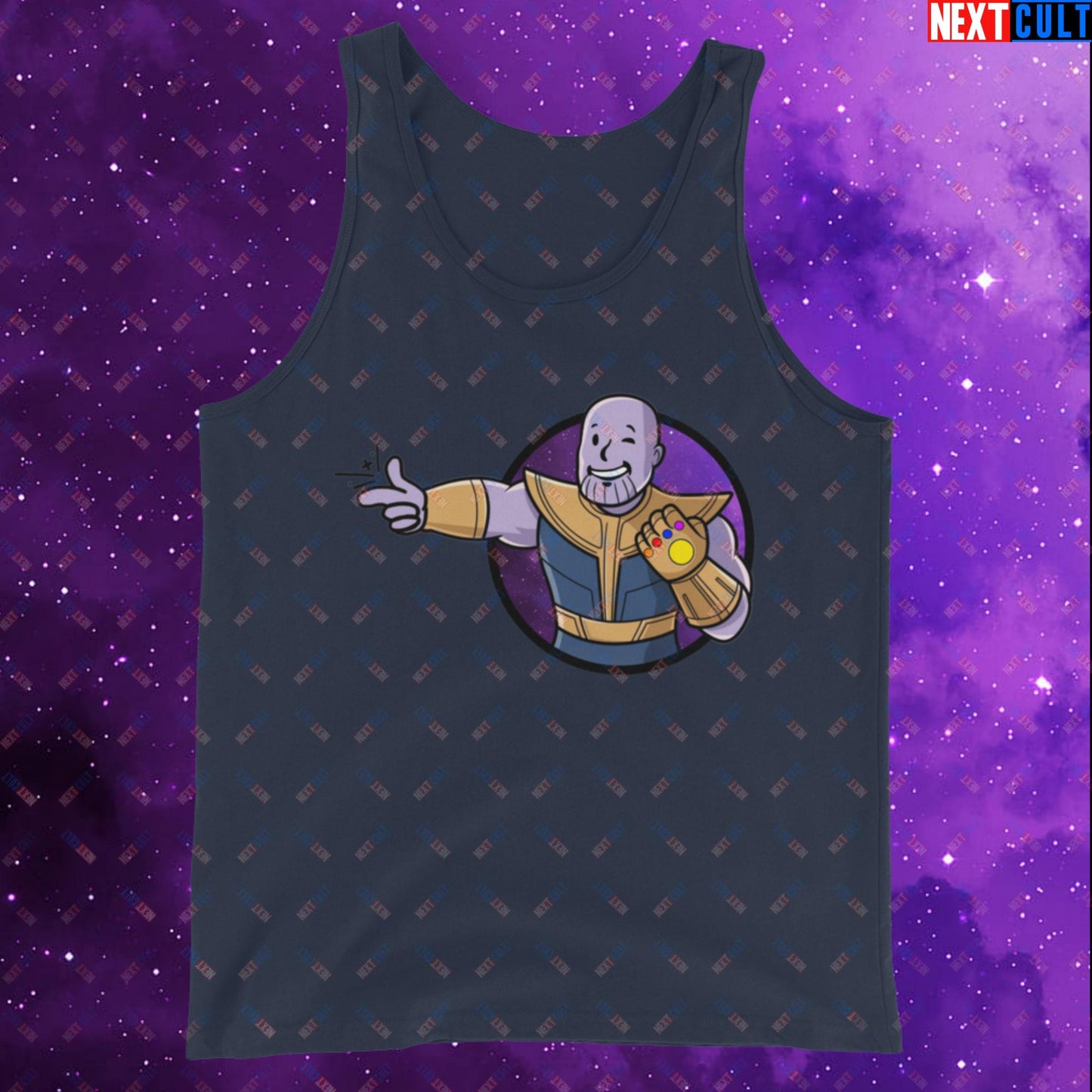 Snap Boy Thanos Vault Boy Fallout Funny Meme Cartoon Mashup Tank Top Navy Tank Tops Fallout Movies Superheroes Thanos Vault Boy Next Cult Brand