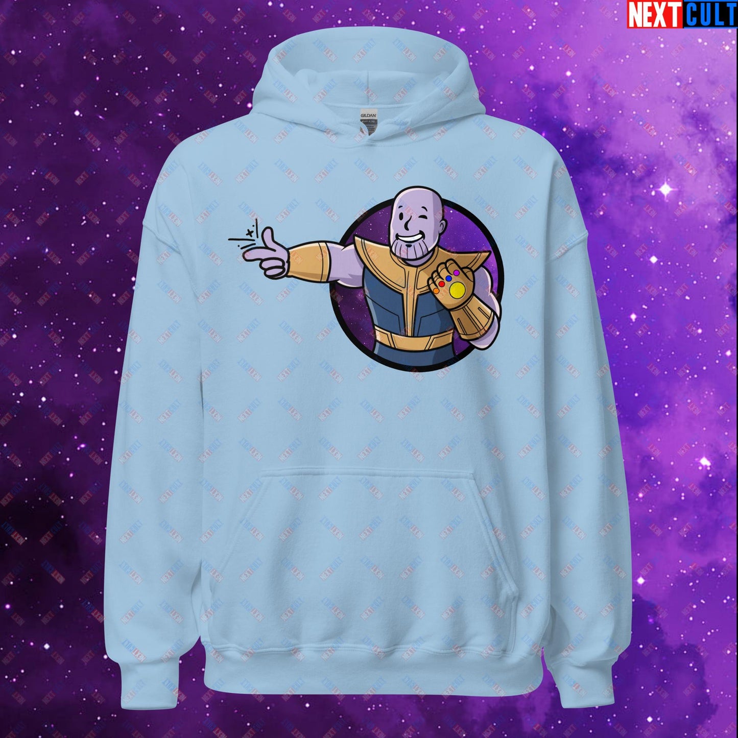 Snap Boy Thanos Vault Boy Fallout Funny Meme Cartoon Mashup Unisex Hoodie Light Blue Hoodies Fallout Movies Superheroes Thanos Vault Boy Next Cult Brand