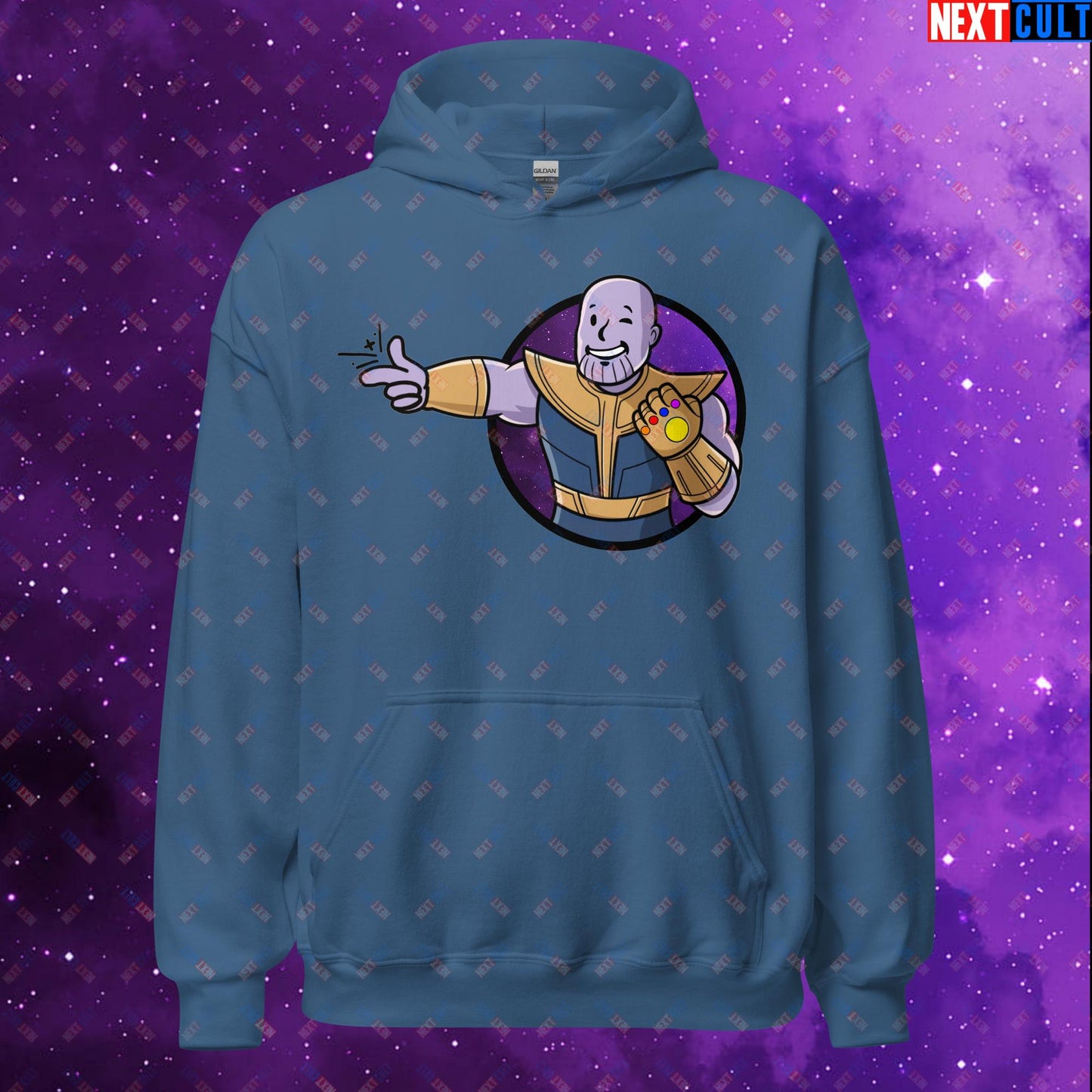 Snap Boy Thanos Vault Boy Fallout Funny Meme Cartoon Mashup Unisex Hoodie Indigo Blue Hoodies Fallout Movies Superheroes Thanos Vault Boy Next Cult Brand