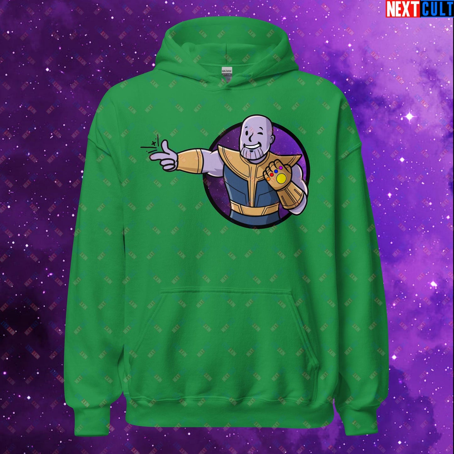 Snap Boy Thanos Vault Boy Fallout Funny Meme Cartoon Mashup Unisex Hoodie Irish Green Hoodies Fallout Movies Superheroes Thanos Vault Boy Next Cult Brand