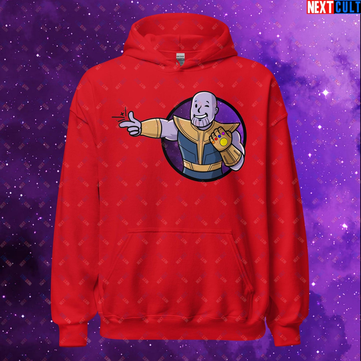Snap Boy Thanos Vault Boy Fallout Funny Meme Cartoon Mashup Unisex Hoodie Red Hoodies Fallout Movies Superheroes Thanos Vault Boy Next Cult Brand