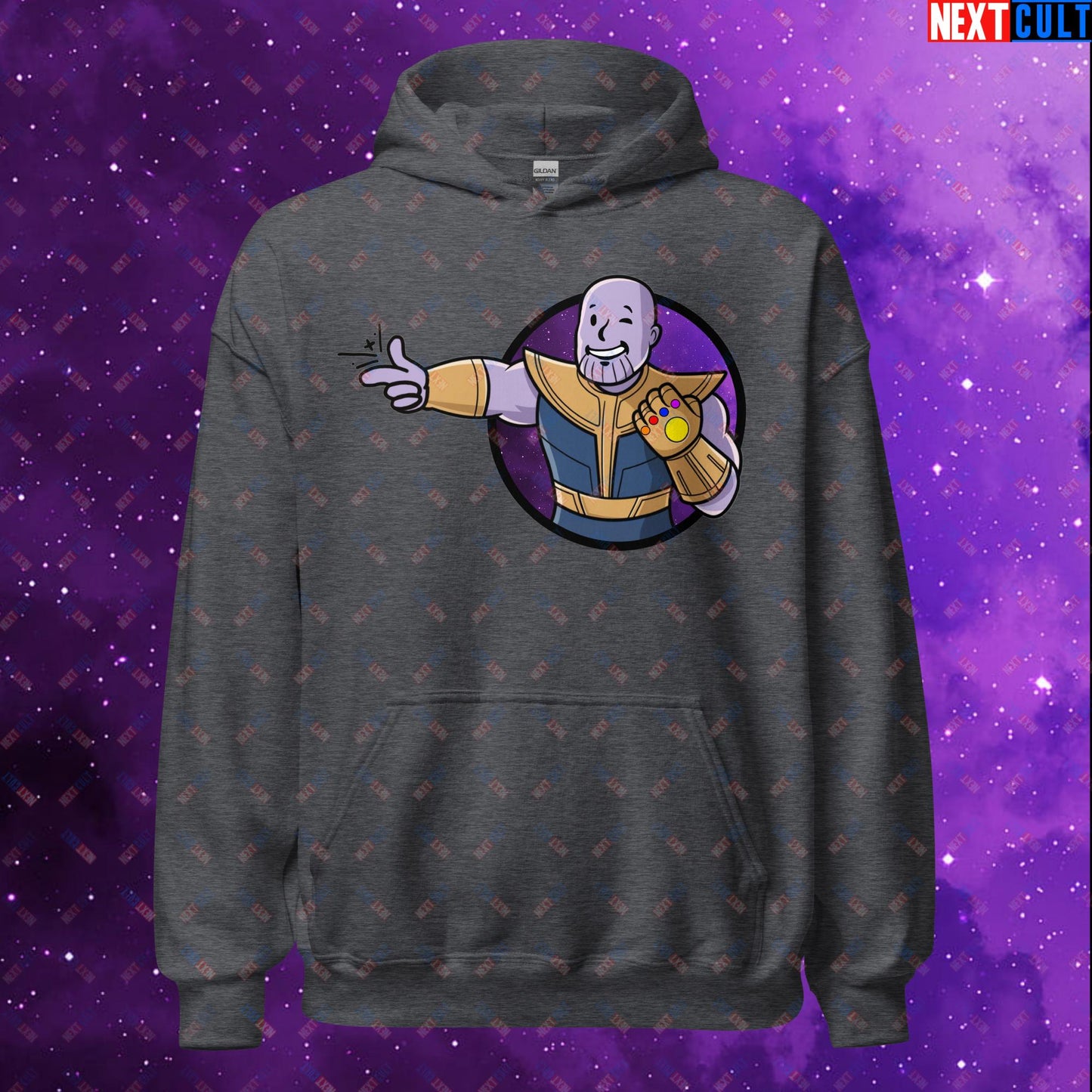Snap Boy Thanos Vault Boy Fallout Funny Meme Cartoon Mashup Unisex Hoodie Dark Heather Hoodies Fallout Movies Superheroes Thanos Vault Boy Next Cult Brand