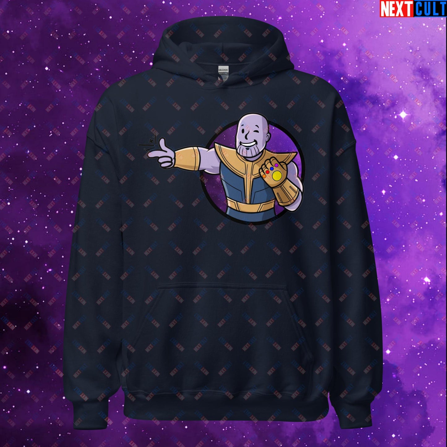Snap Boy Thanos Vault Boy Fallout Funny Meme Cartoon Mashup Unisex Hoodie Navy Hoodies Fallout Movies Superheroes Thanos Vault Boy Next Cult Brand