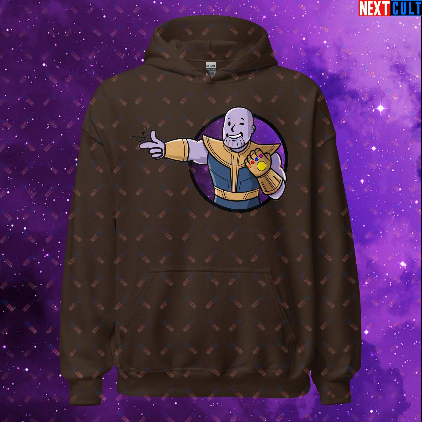 Snap Boy Thanos Vault Boy Fallout Funny Meme Cartoon Mashup Unisex Hoodie Dark Chocolate Hoodies Fallout Movies Superheroes Thanos Vault Boy Next Cult Brand