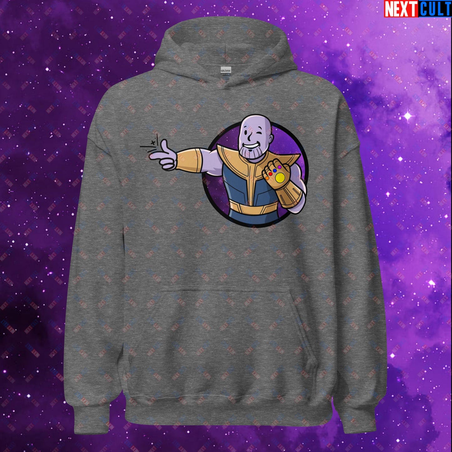 Snap Boy Thanos Vault Boy Fallout Funny Meme Cartoon Mashup Unisex Hoodie Graphite Heather Hoodies Fallout Movies Superheroes Thanos Vault Boy Next Cult Brand