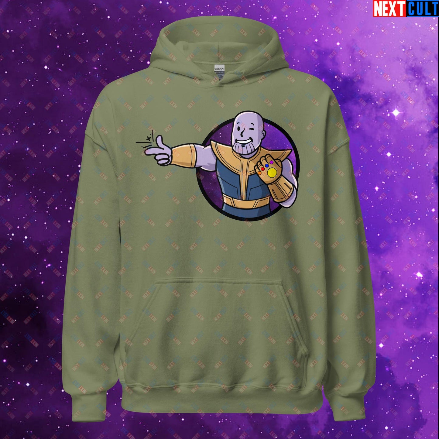 Snap Boy Thanos Vault Boy Fallout Funny Meme Cartoon Mashup Unisex Hoodie Military Green Hoodies Fallout Movies Superheroes Thanos Vault Boy Next Cult Brand
