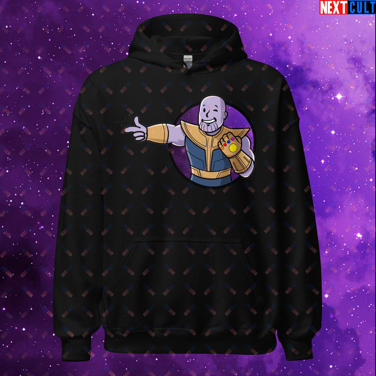 Snap Boy Thanos Vault Boy Fallout Funny Meme Cartoon Mashup Unisex Hoodie Black Hoodies Fallout Movies Superheroes Thanos Vault Boy Next Cult Brand