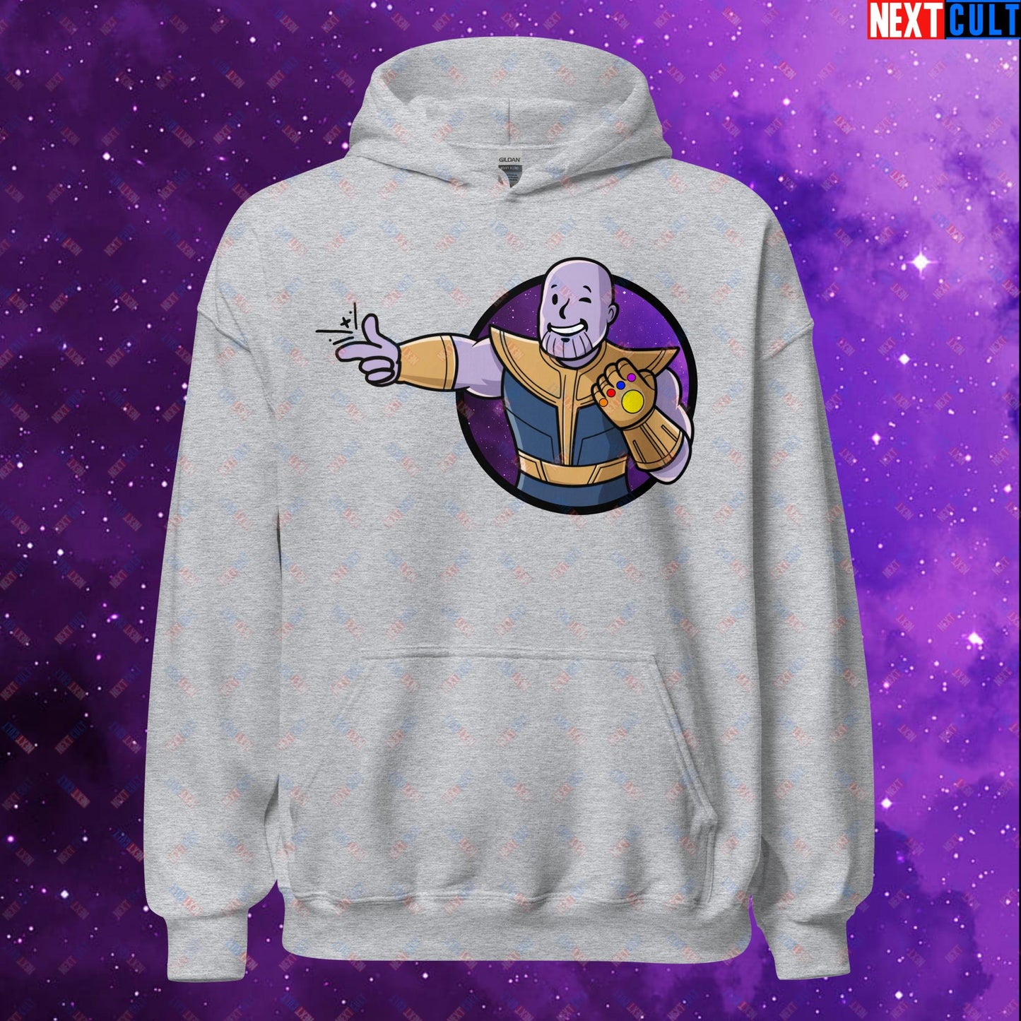 Snap Boy Thanos Vault Boy Fallout Funny Meme Cartoon Mashup Unisex Hoodie Sport Grey Hoodies Fallout Movies Superheroes Thanos Vault Boy Next Cult Brand