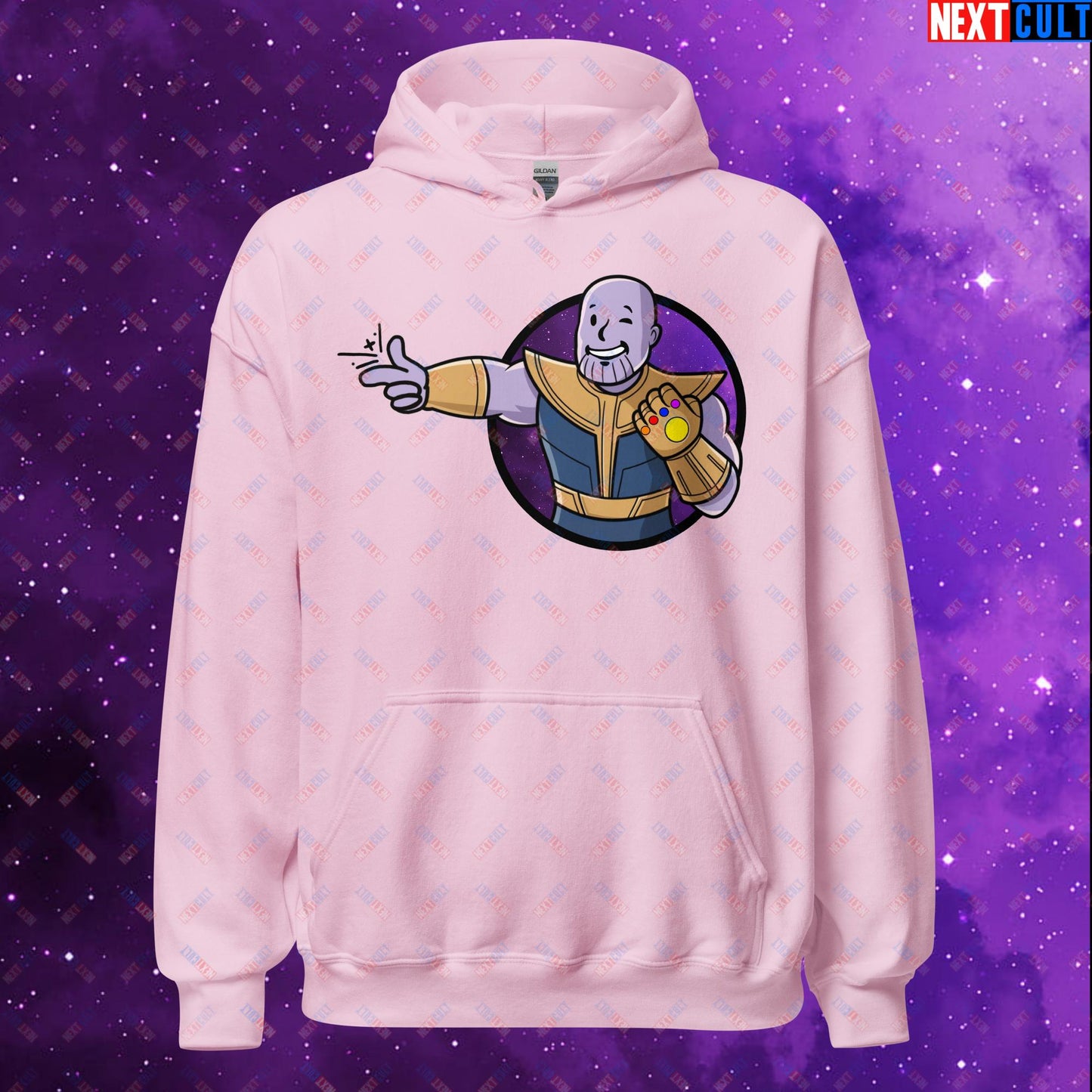 Snap Boy Thanos Vault Boy Fallout Funny Meme Cartoon Mashup Unisex Hoodie Light Pink Hoodies Fallout Movies Superheroes Thanos Vault Boy Next Cult Brand