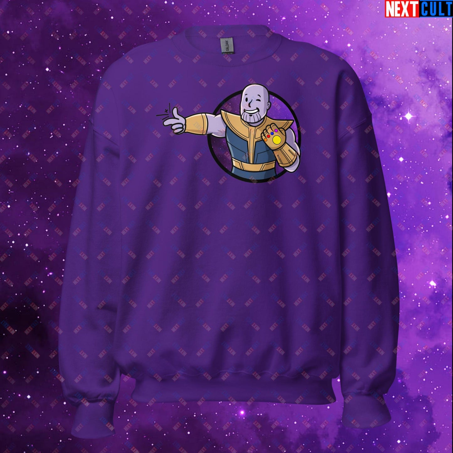 Snap Boy Thanos Vault Boy Fallout Funny Meme Cartoon Mashup Unisex Sweatshirt Purple Sweatshirts Fallout Movies Superheroes Thanos Vault Boy Next Cult Brand