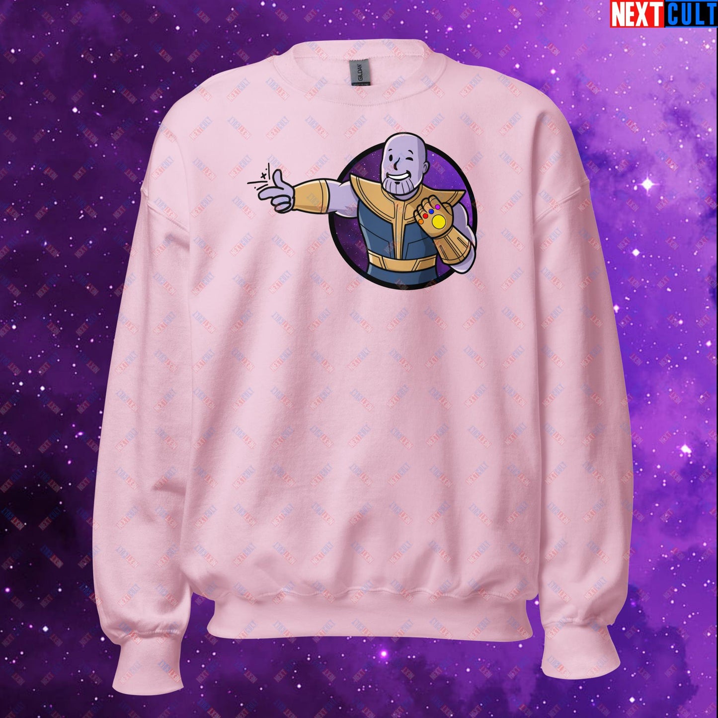 Snap Boy Thanos Vault Boy Fallout Funny Meme Cartoon Mashup Unisex Sweatshirt Light Pink Sweatshirts Fallout Movies Superheroes Thanos Vault Boy Next Cult Brand