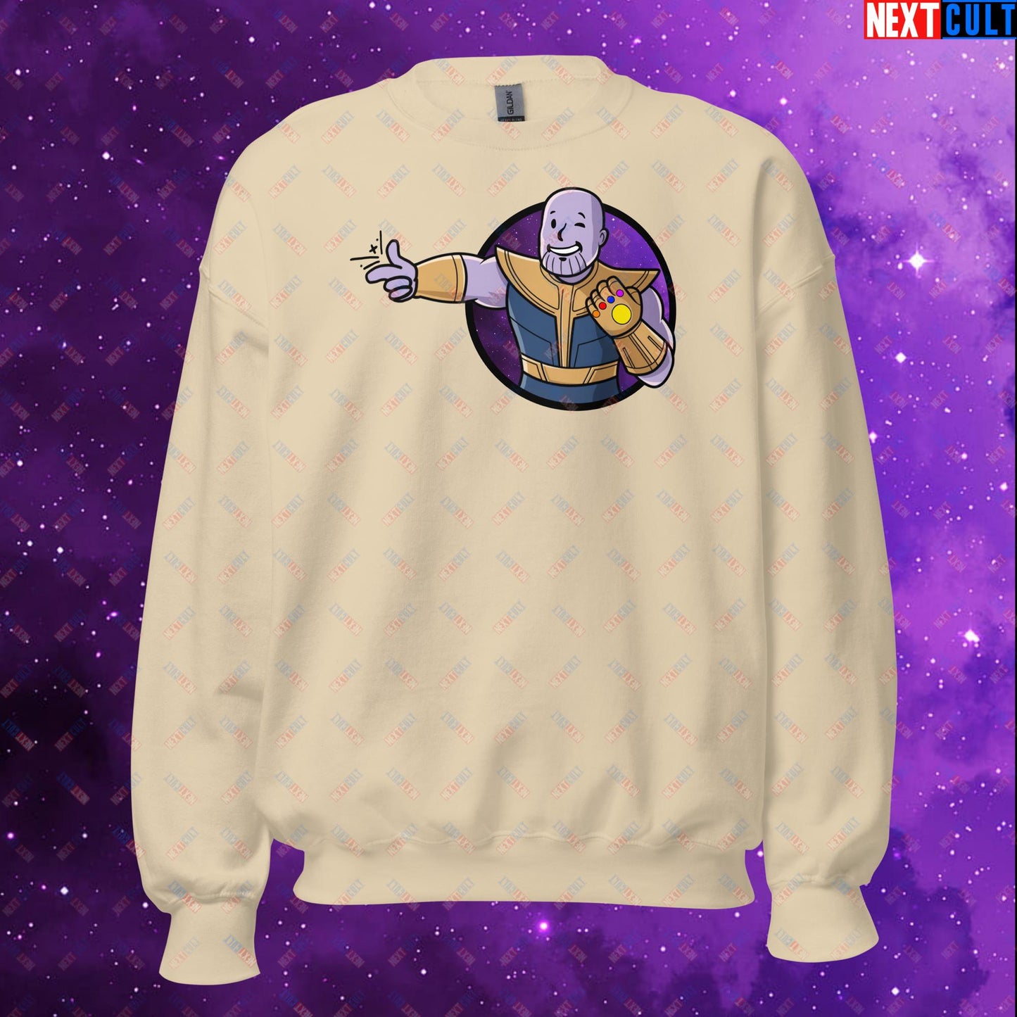 Snap Boy Thanos Vault Boy Fallout Funny Meme Cartoon Mashup Unisex Sweatshirt Sand Sweatshirts Fallout Movies Superheroes Thanos Vault Boy Next Cult Brand