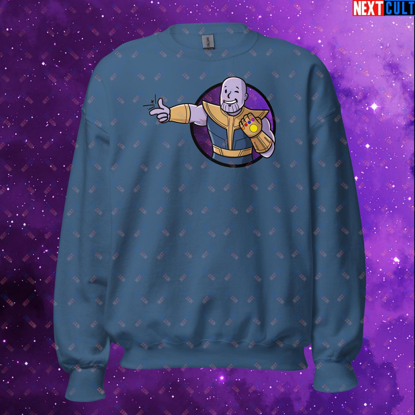 Snap Boy Thanos Vault Boy Fallout Funny Meme Cartoon Mashup Unisex Sweatshirt Indigo Blue Sweatshirts Fallout Movies Superheroes Thanos Vault Boy Next Cult Brand