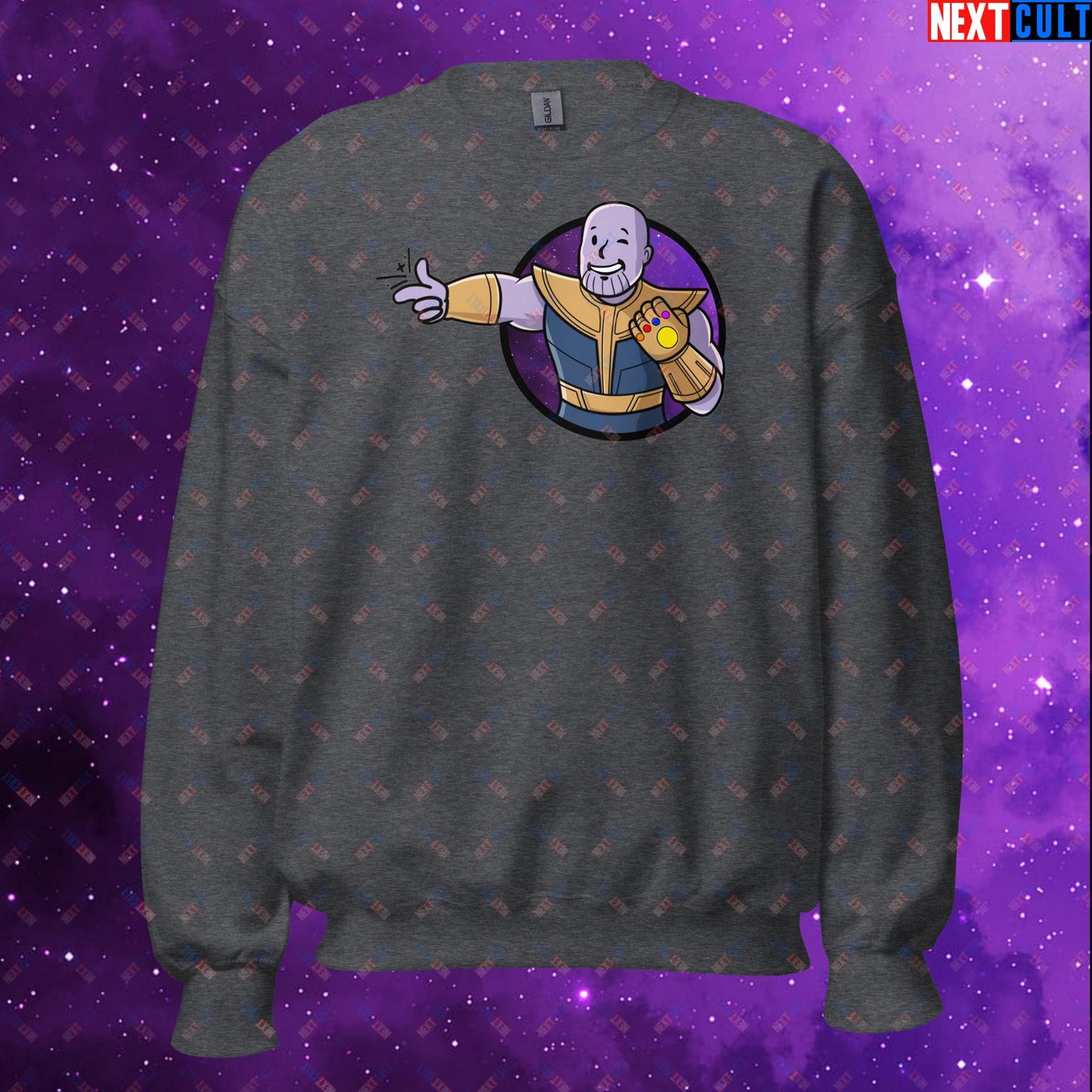 Snap Boy Thanos Vault Boy Fallout Funny Meme Cartoon Mashup Unisex Sweatshirt Dark Heather Sweatshirts Fallout Movies Superheroes Thanos Vault Boy Next Cult Brand