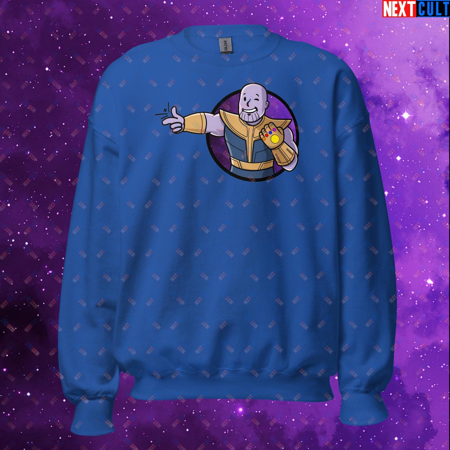 Snap Boy Thanos Vault Boy Fallout Funny Meme Cartoon Mashup Unisex Sweatshirt Royal Sweatshirts Fallout Movies Superheroes Thanos Vault Boy Next Cult Brand