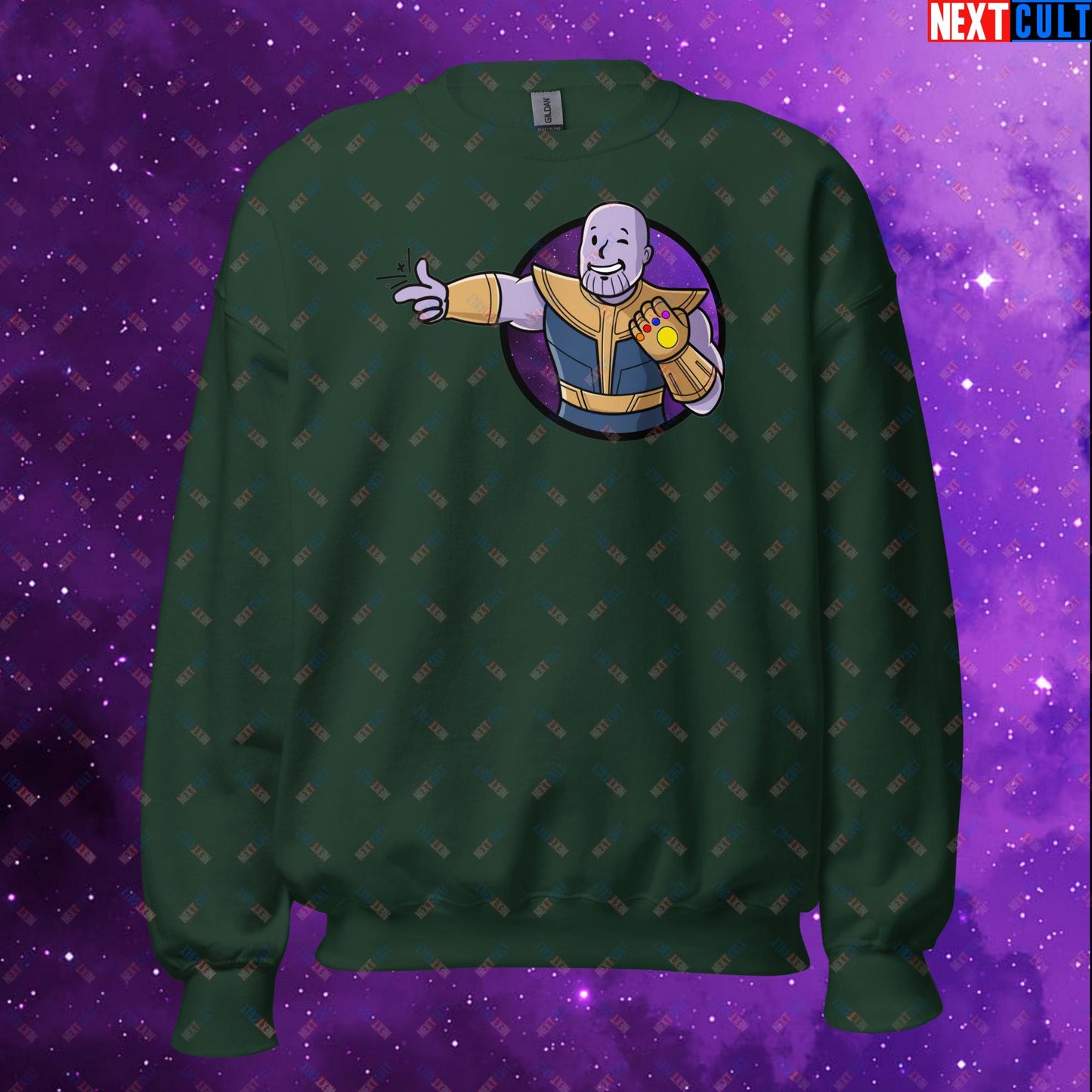 Snap Boy Thanos Vault Boy Fallout Funny Meme Cartoon Mashup Unisex Sweatshirt Forest Green Sweatshirts Fallout Movies Superheroes Thanos Vault Boy Next Cult Brand