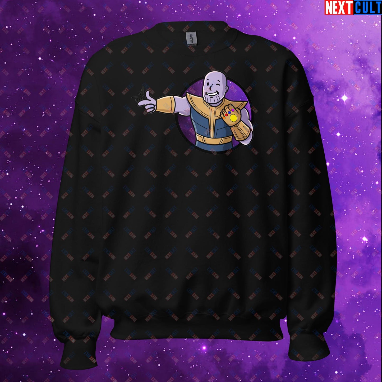Snap Boy Thanos Vault Boy Fallout Funny Meme Cartoon Mashup Unisex Sweatshirt Black Sweatshirts Fallout Movies Superheroes Thanos Vault Boy Next Cult Brand