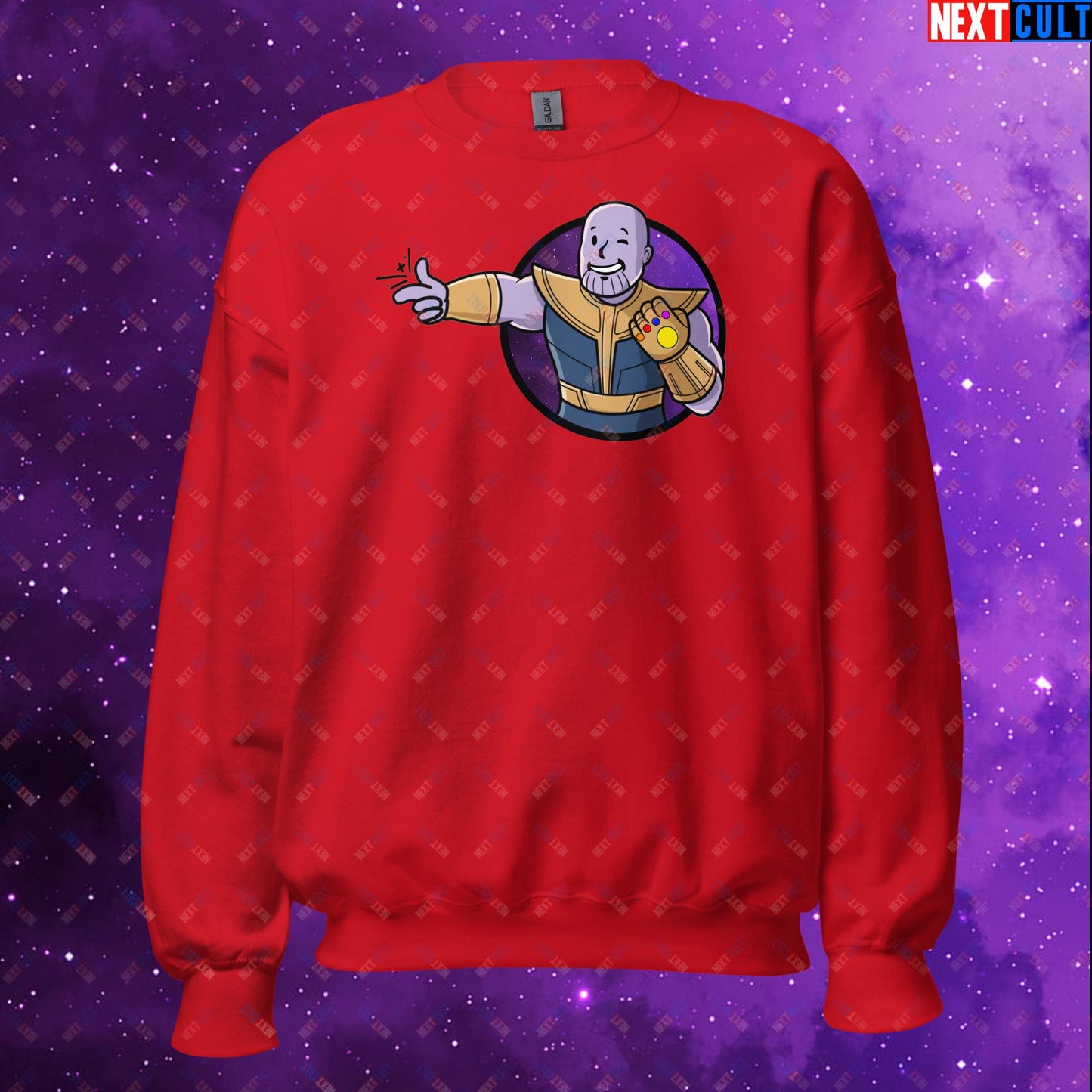 Snap Boy Thanos Vault Boy Fallout Funny Meme Cartoon Mashup Unisex Sweatshirt Red Sweatshirts Fallout Movies Superheroes Thanos Vault Boy Next Cult Brand