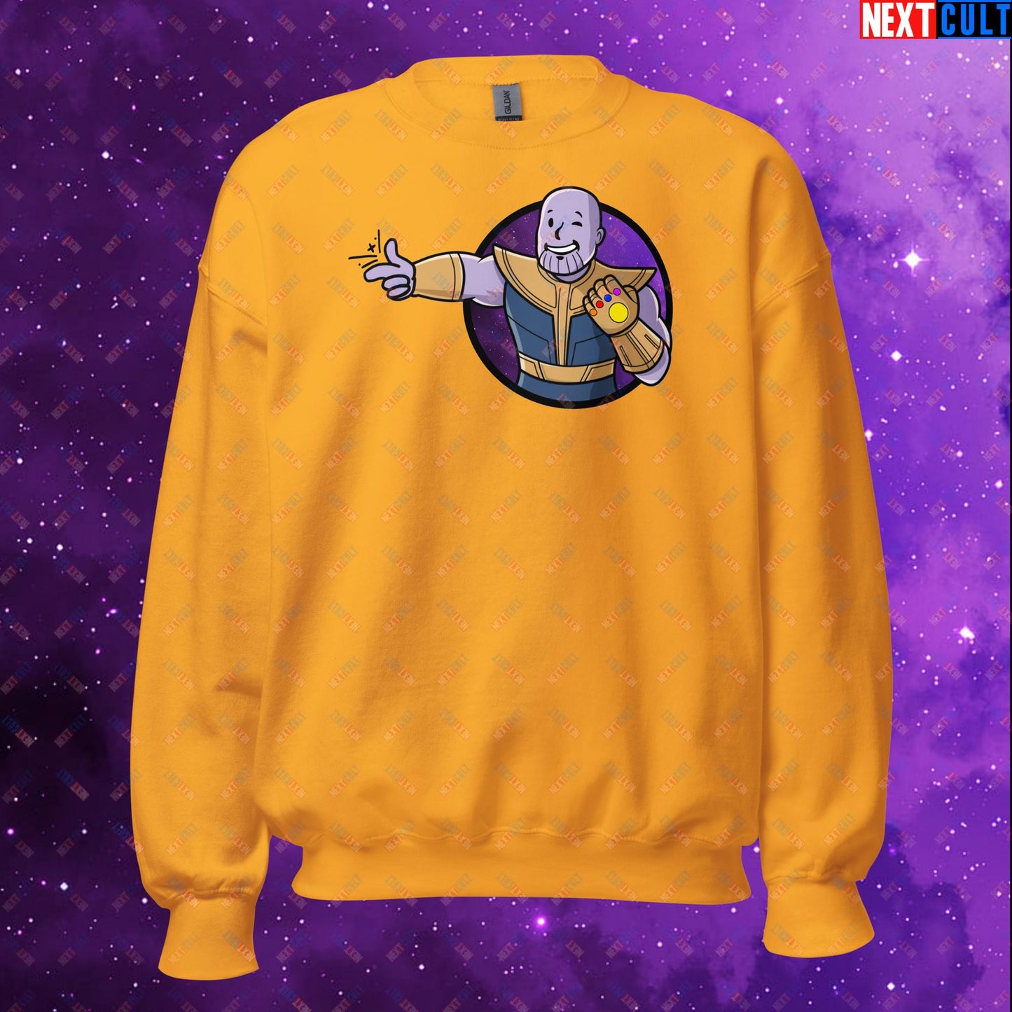Snap Boy Thanos Vault Boy Fallout Funny Meme Cartoon Mashup Unisex Sweatshirt Gold Sweatshirts Fallout Movies Superheroes Thanos Vault Boy Next Cult Brand