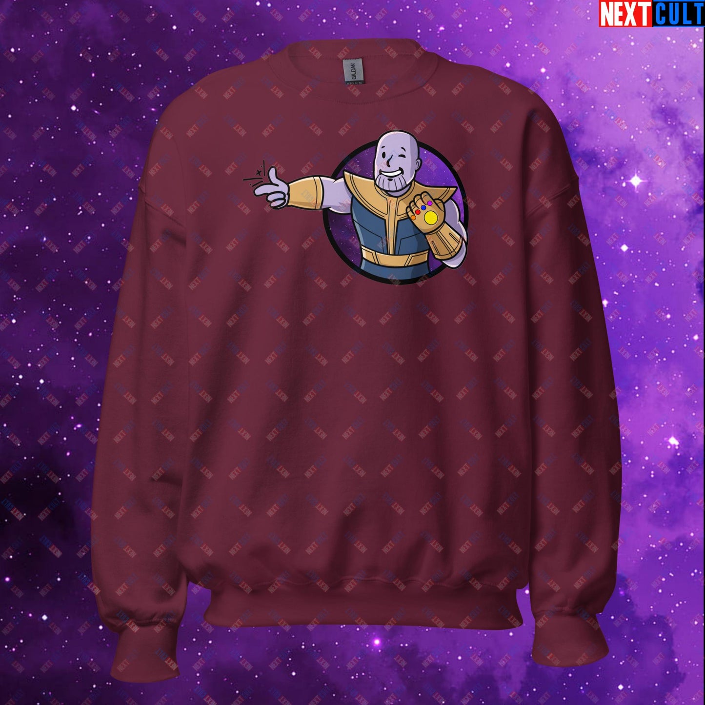 Snap Boy Thanos Vault Boy Fallout Funny Meme Cartoon Mashup Unisex Sweatshirt Maroon Sweatshirts Fallout Movies Superheroes Thanos Vault Boy Next Cult Brand