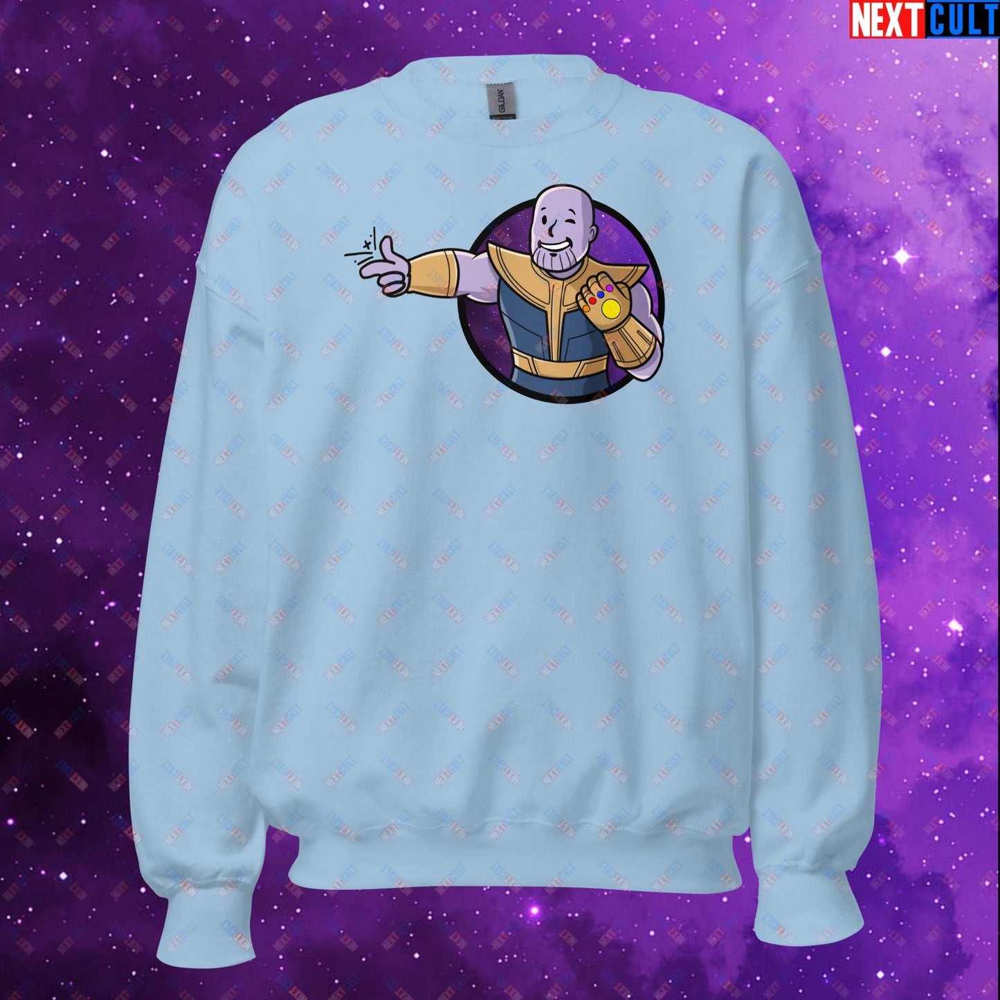 Snap Boy Thanos Vault Boy Fallout Funny Meme Cartoon Mashup Unisex Sweatshirt Light Blue Sweatshirts Fallout Movies Superheroes Thanos Vault Boy Next Cult Brand