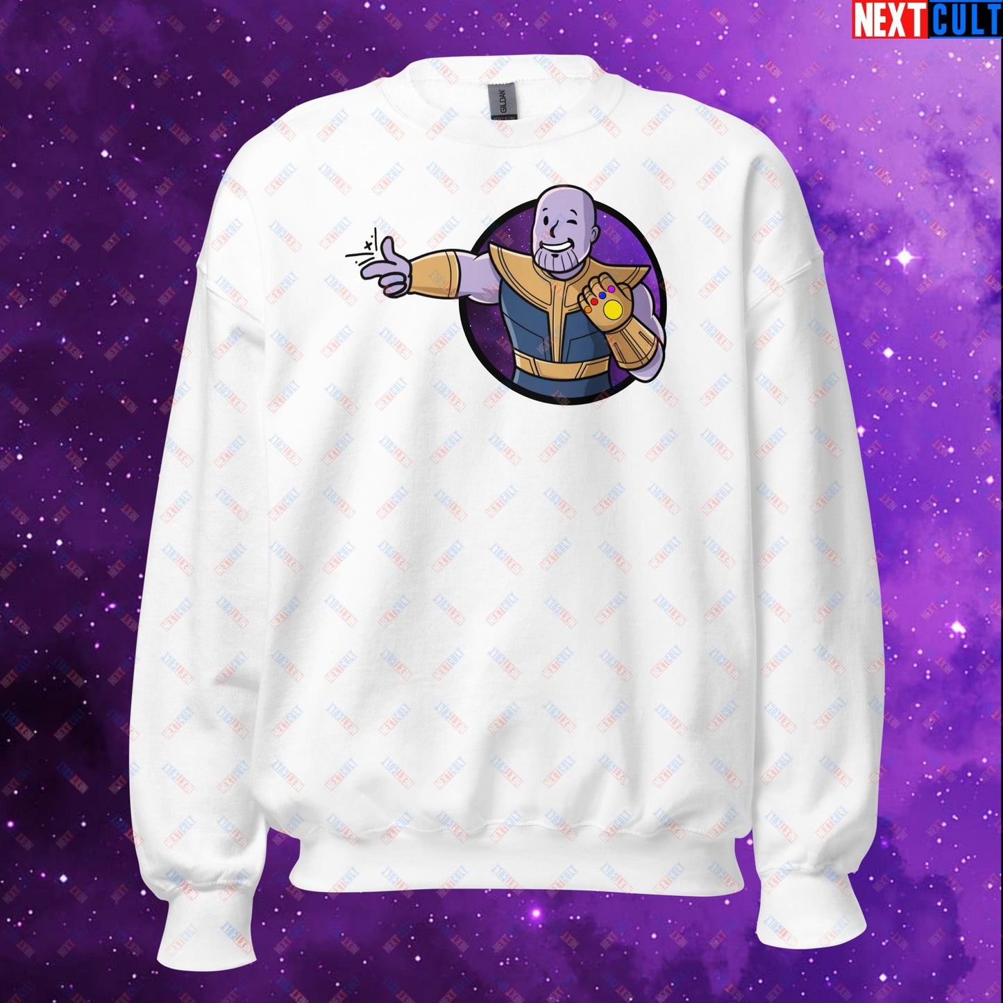 Snap Boy Thanos Vault Boy Fallout Funny Meme Cartoon Mashup Unisex Sweatshirt White Sweatshirts Fallout Movies Superheroes Thanos Vault Boy Next Cult Brand