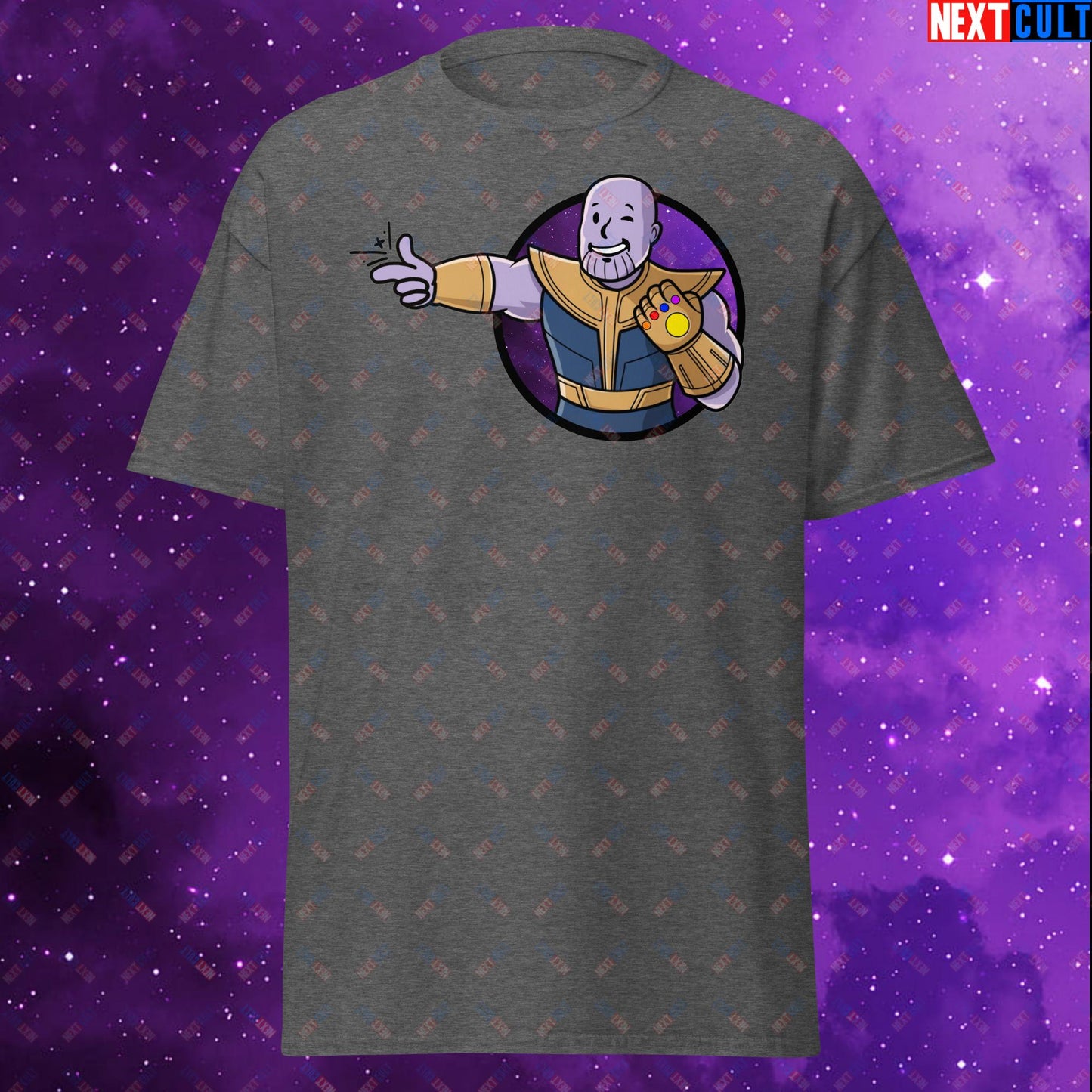 Snap Boy Thanos Vault Boy Fallout Funny Meme Cartoon Mashup Unisex tee Dark Heather T-shirts Fallout Movies Superheroes Thanos Vault Boy Next Cult Brand