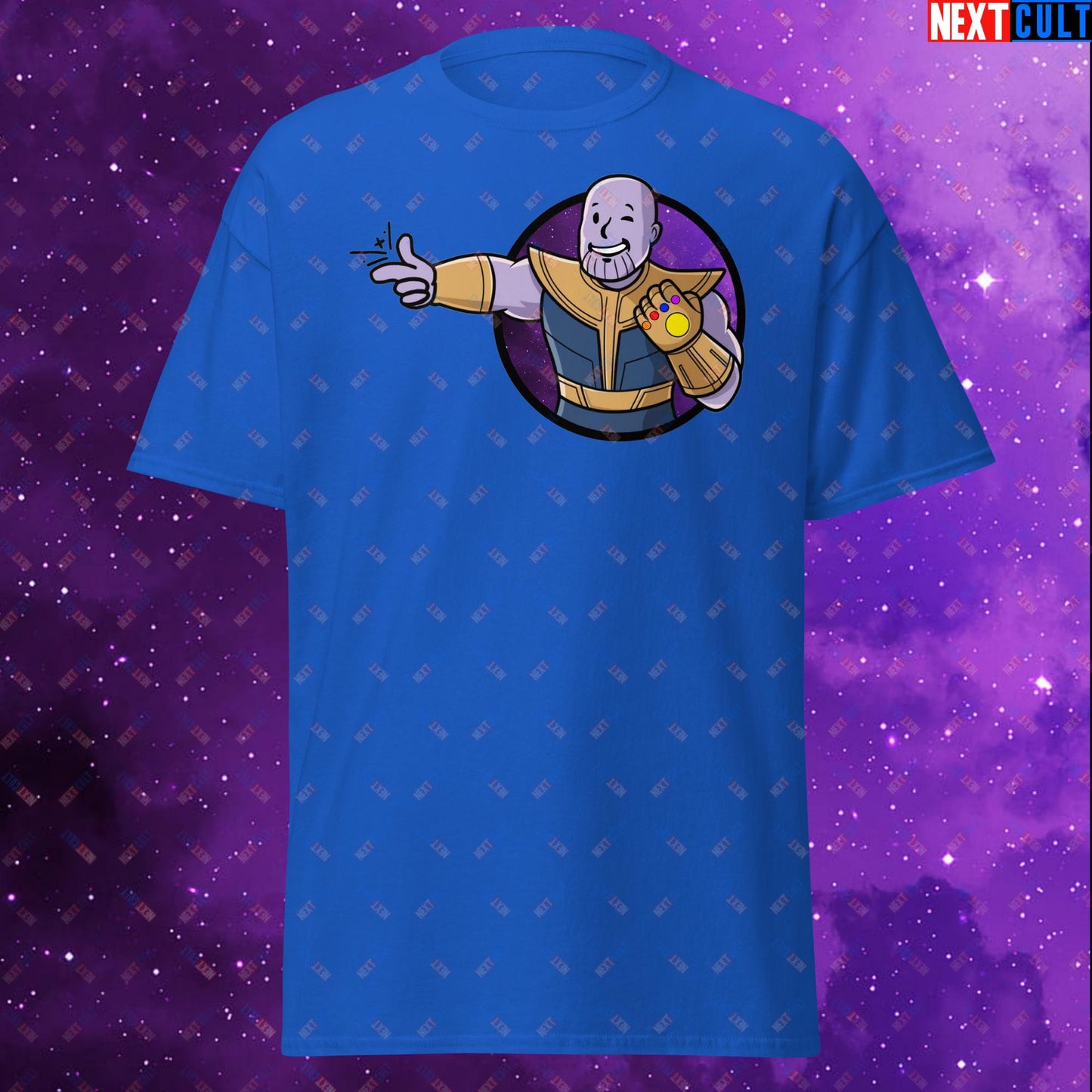 Snap Boy Thanos Vault Boy Fallout Funny Meme Cartoon Mashup Unisex tee Royal T-shirts Fallout Movies Superheroes Thanos Vault Boy Next Cult Brand