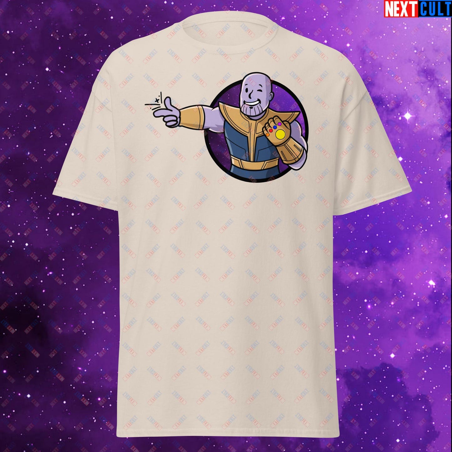 Snap Boy Thanos Vault Boy Fallout Funny Meme Cartoon Mashup Unisex tee Natural T-shirts Fallout Movies Superheroes Thanos Vault Boy Next Cult Brand