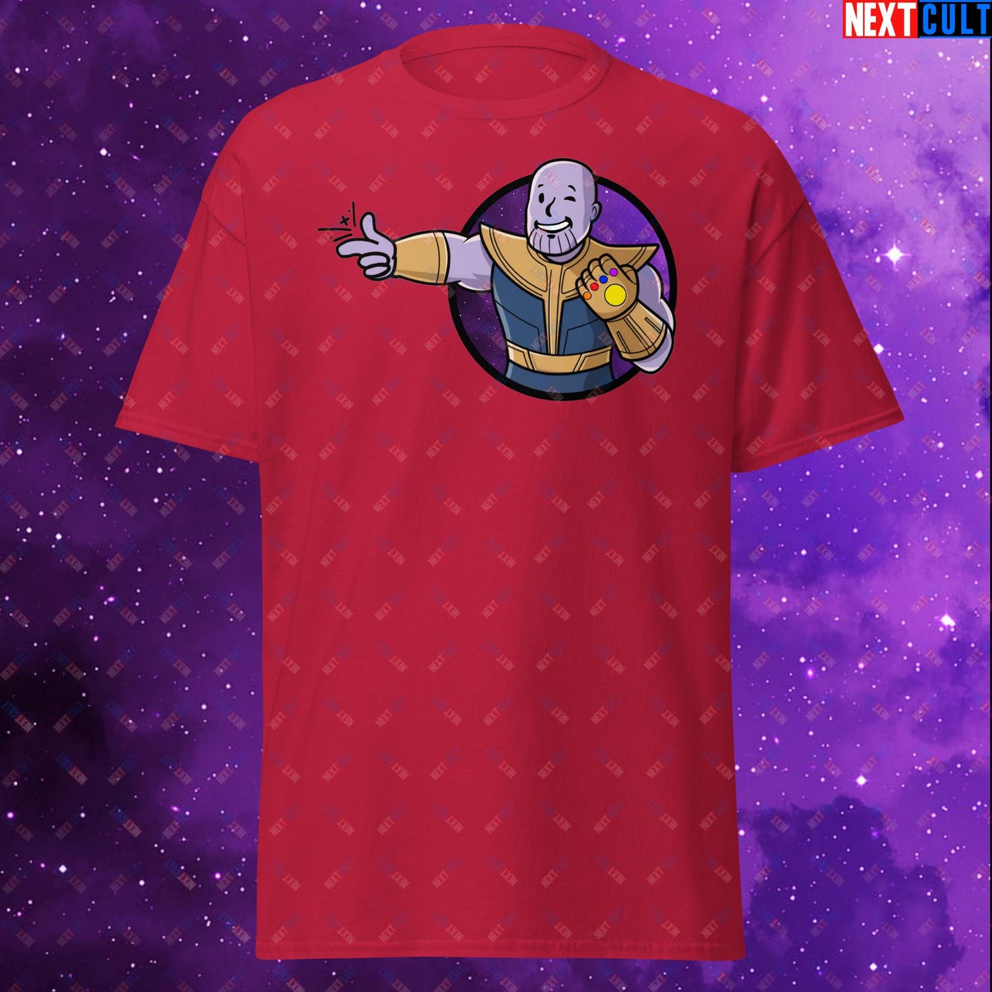 Snap Boy Thanos Vault Boy Fallout Funny Meme Cartoon Mashup Unisex tee Cardinal T-shirts Fallout Movies Superheroes Thanos Vault Boy Next Cult Brand