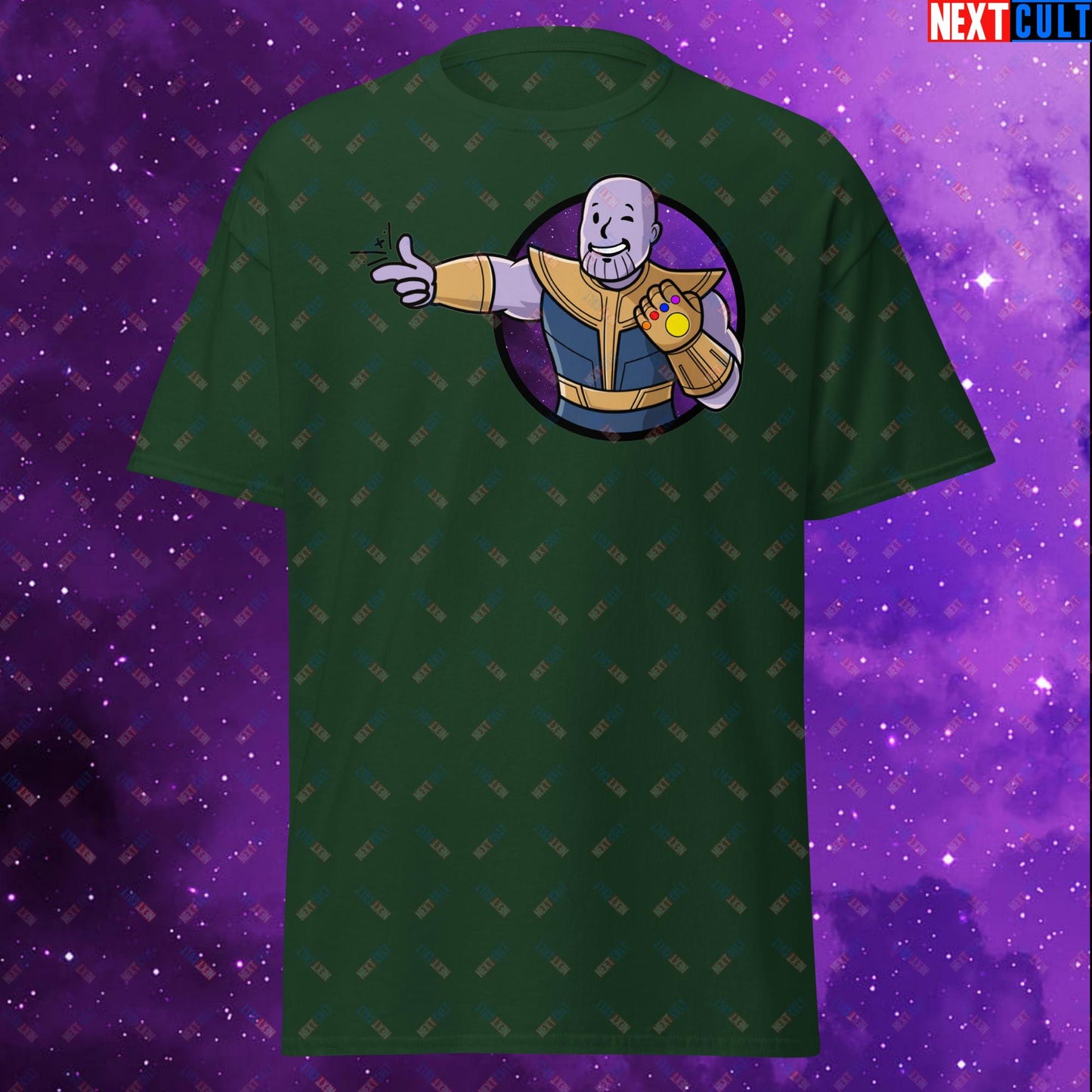 Snap Boy Thanos Vault Boy Fallout Funny Meme Cartoon Mashup Unisex tee Forest Green T-shirts Fallout Movies Superheroes Thanos Vault Boy Next Cult Brand