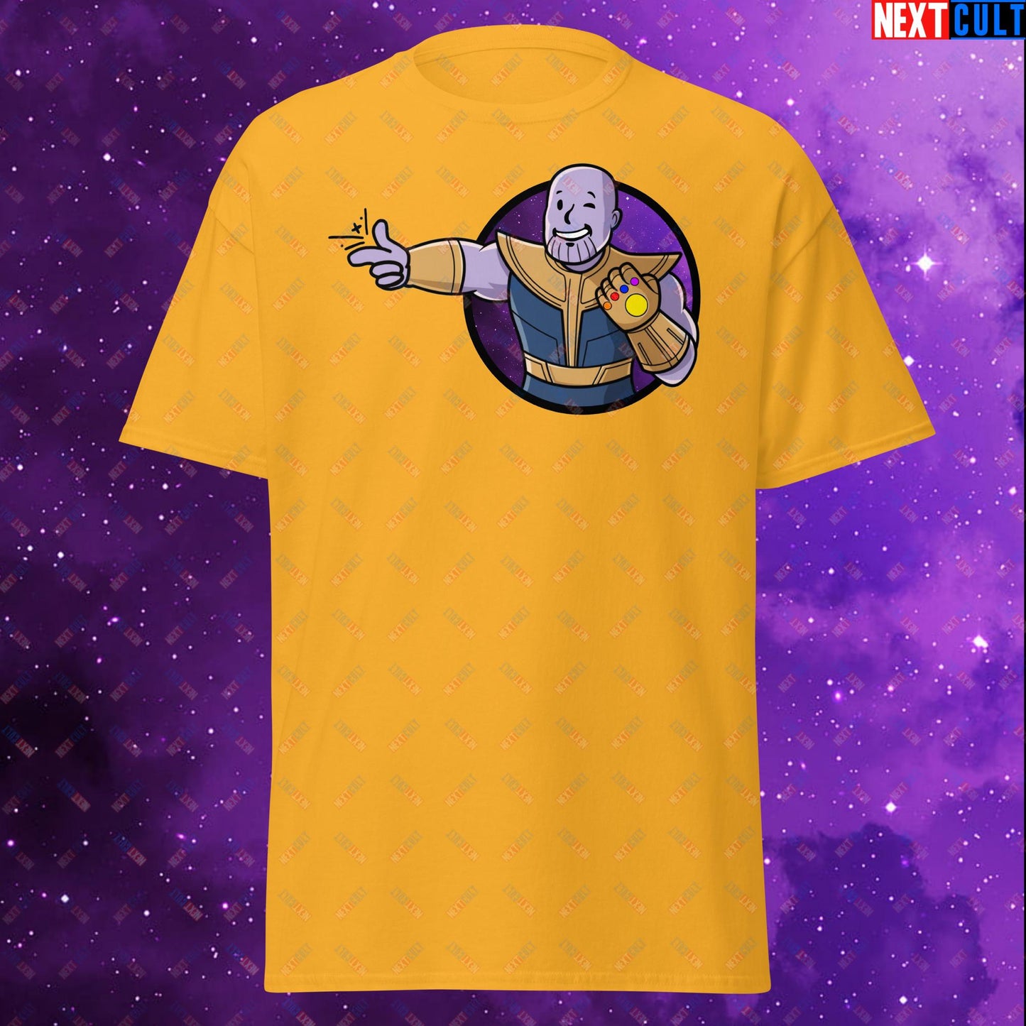 Snap Boy Thanos Vault Boy Fallout Funny Meme Cartoon Mashup Unisex tee Gold T-shirts Fallout Movies Superheroes Thanos Vault Boy Next Cult Brand