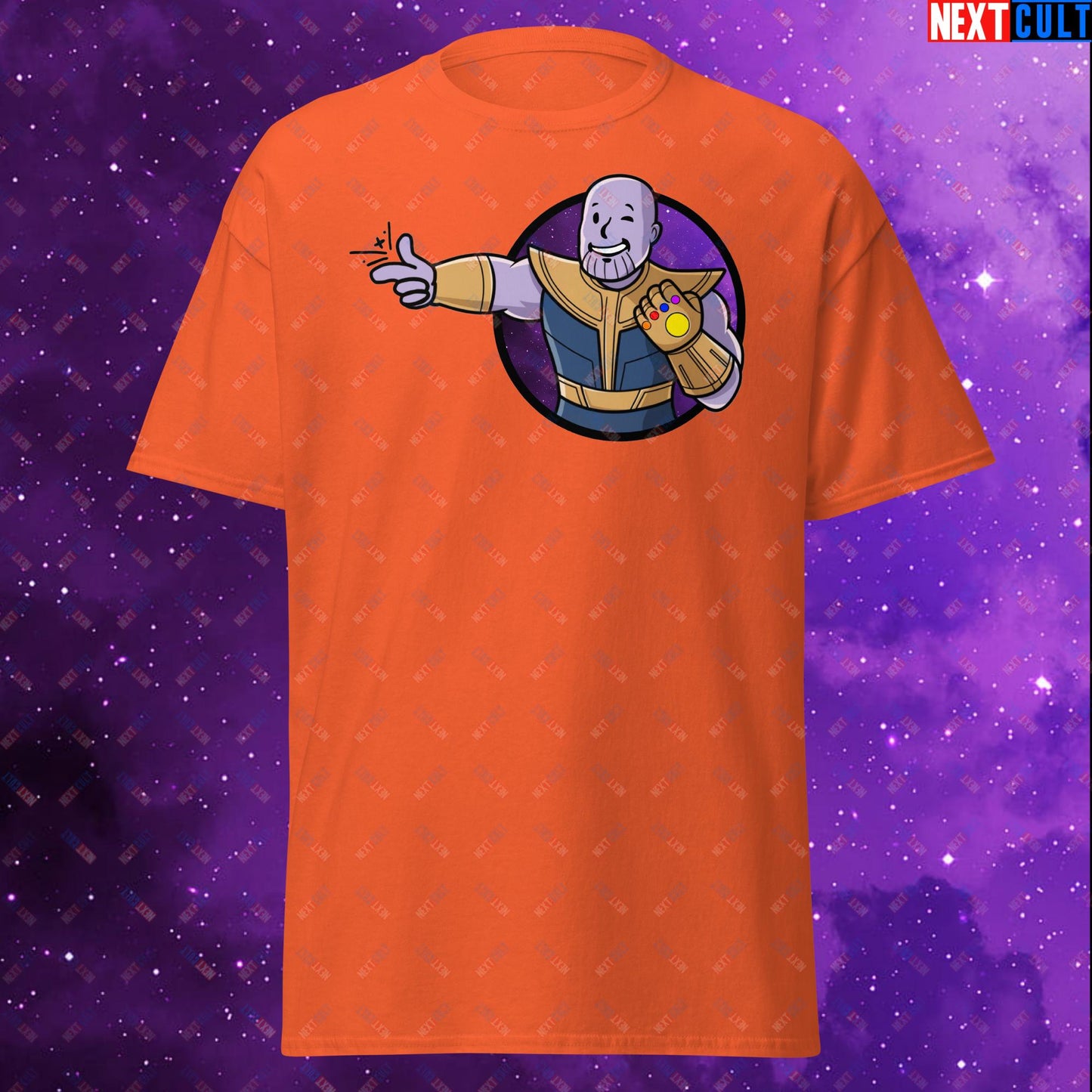 Snap Boy Thanos Vault Boy Fallout Funny Meme Cartoon Mashup Unisex tee Orange T-shirts Fallout Movies Superheroes Thanos Vault Boy Next Cult Brand