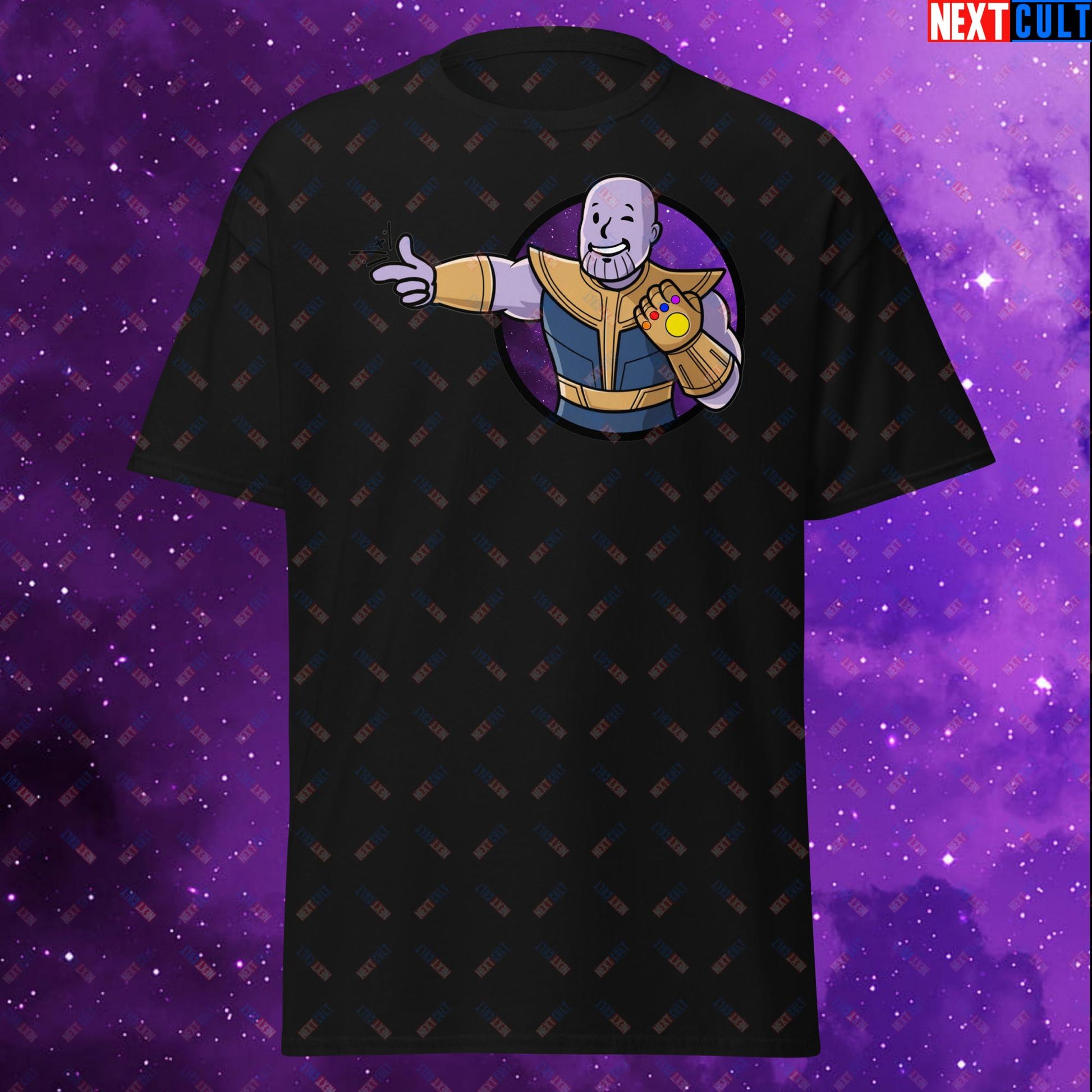 Snap Boy Thanos Vault Boy Fallout Funny Meme Cartoon Mashup Unisex tee Black T-shirts Fallout Movies Superheroes Thanos Vault Boy Next Cult Brand